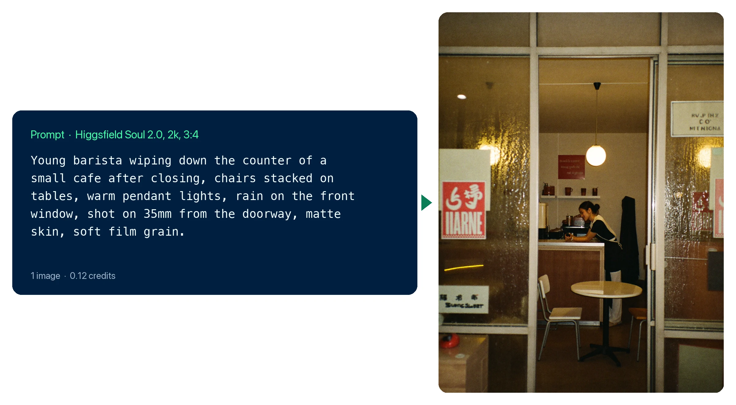 Higgsfield tutorial example: the Soul 2.0 prompt from part 1 and the real image it generated, a barista closing a cafe at night