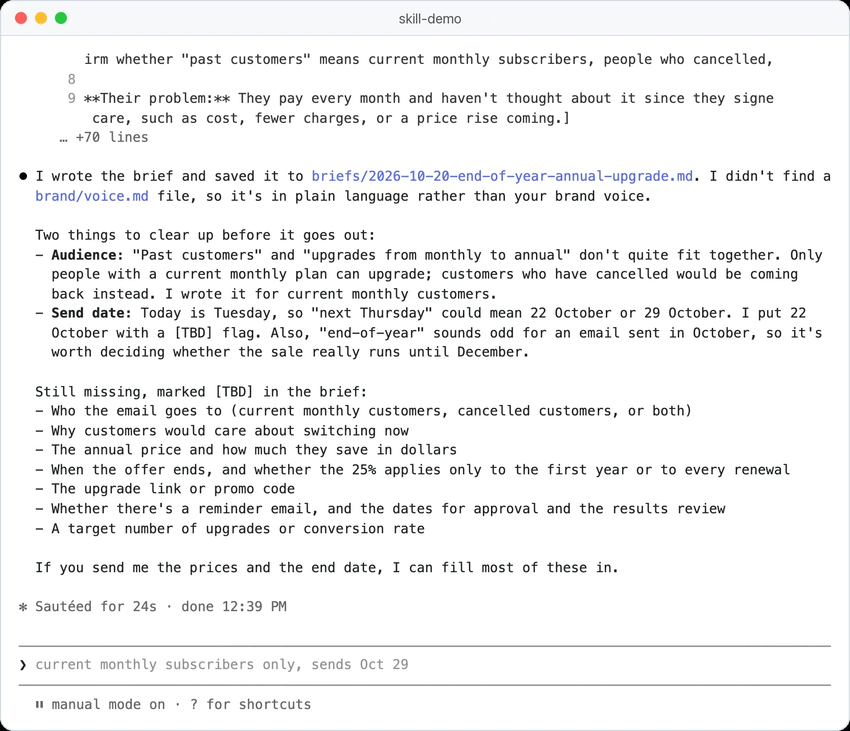 Claude Code après l'enregistrement d'un brief par la skill campaign-brief, avec la liste de chaque information encore marquée TBD