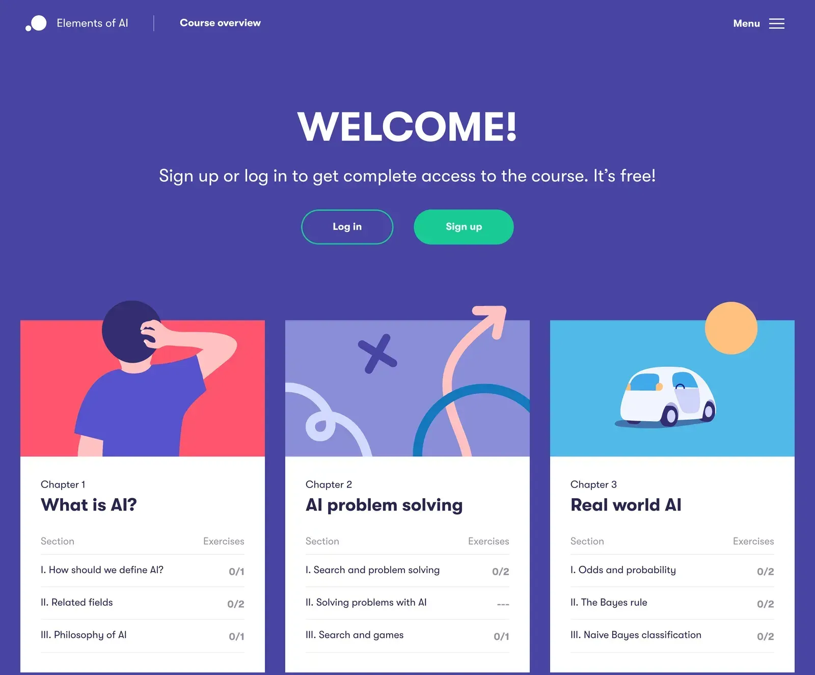 Visão geral do curso de IA gratuito Elements of AI, com os capítulos What is AI, AI problem solving e Real world AI e os seus exercícios
