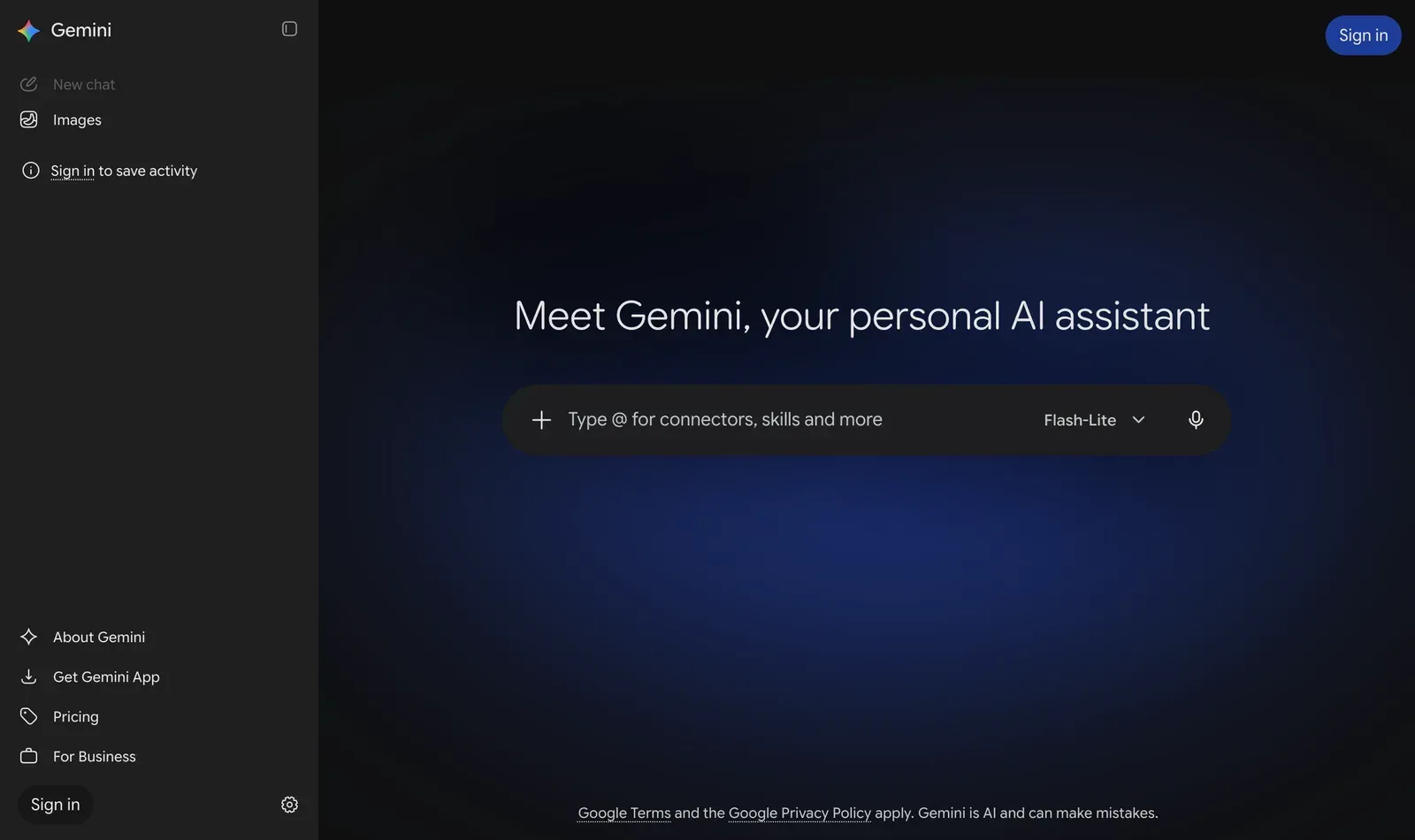 Tela inicial do Gemini com uma caixa de chat e o botão Sign in, um assistente de IA gratuito que iniciantes podem testar sem conta