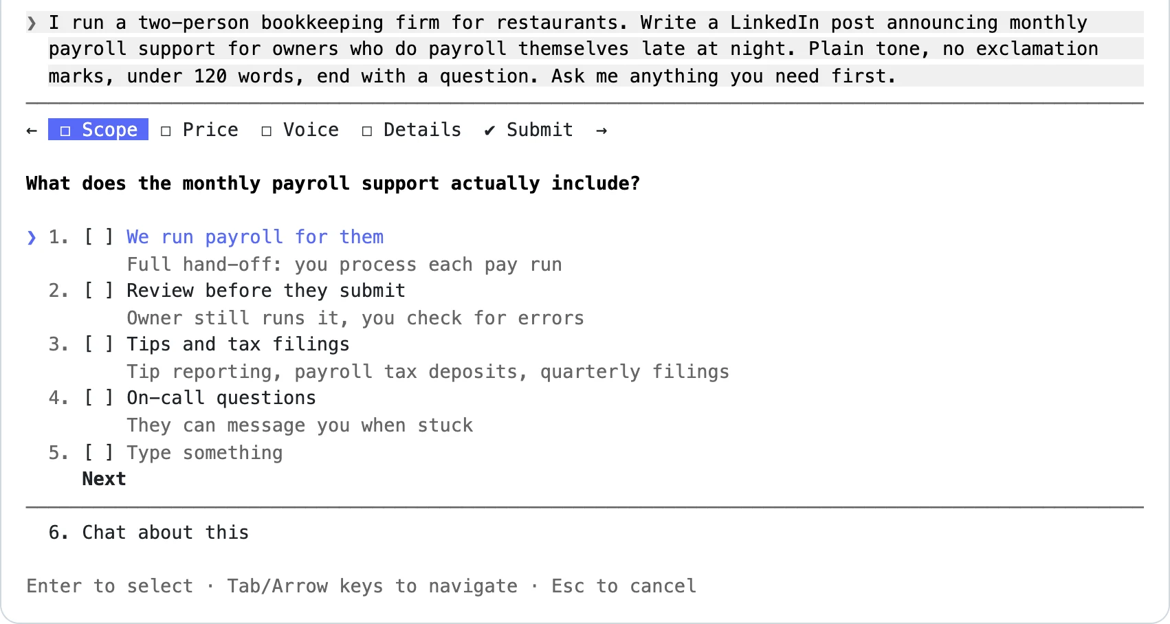 Engenharia de prompt para iniciantes na prática: depois de um briefing completo, a IA pergunta o que o serviço de folha de pagamento inclui, o preço, o tom e outros detalhes