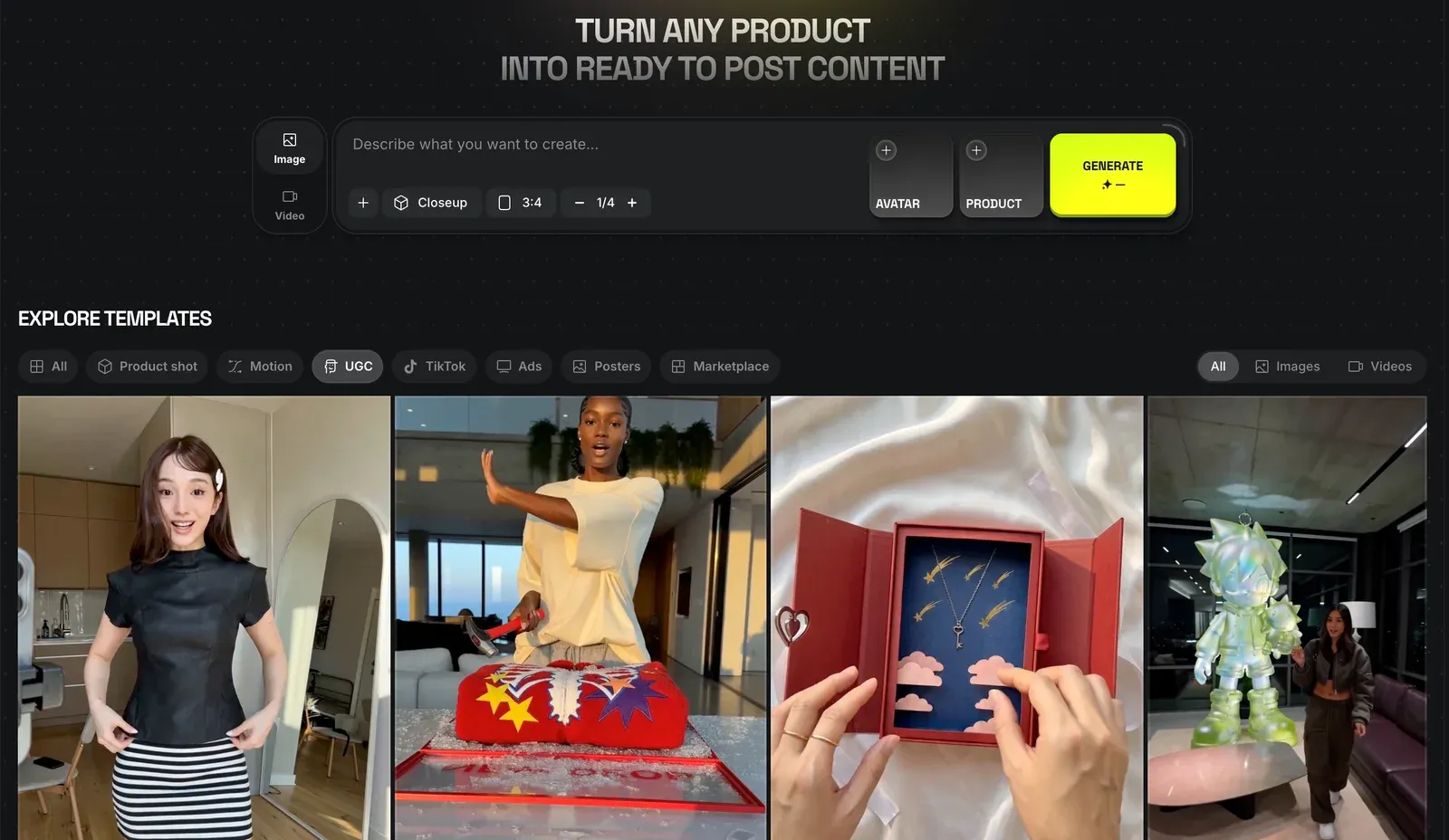 Modèles de pubs UGC IA dans Higgsfield Marketing Studio, une façon de créer des pubs UGC IA à partir d'une photo produit, avec les champs Avatar et Product