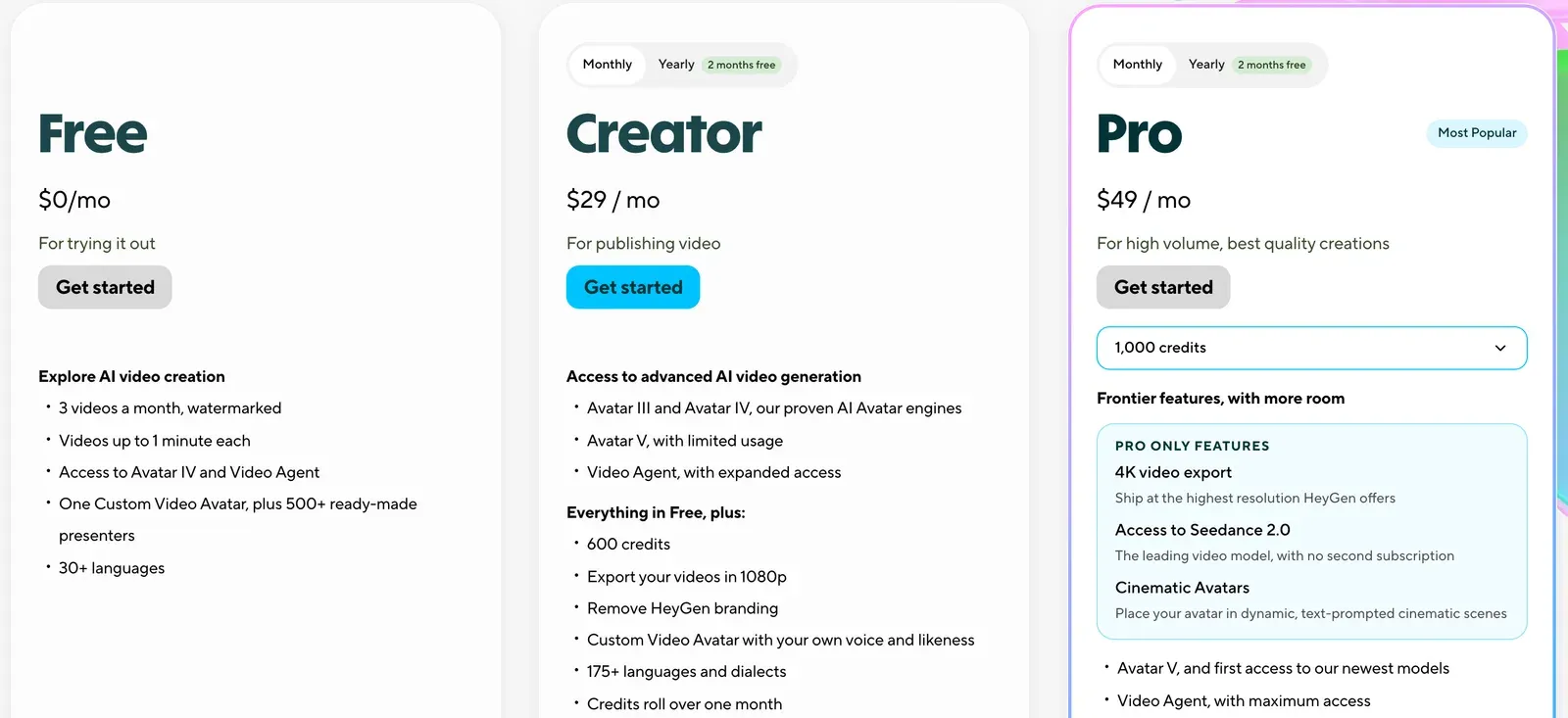 Tarifs du générateur UGC IA HeyGen, avec Free à $0, Creator à $29 et Pro à $49 par mois