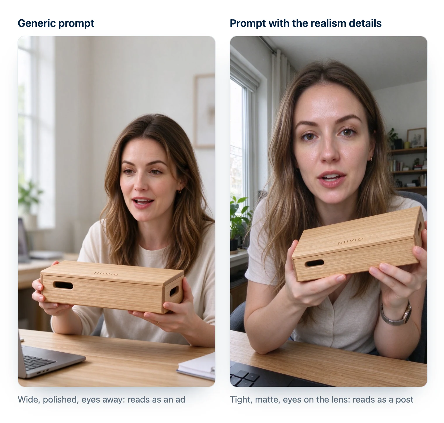 Comment faire un UGC IA réaliste : un prompt générique donne un plan léché style banque d'images, le prompt avec les détails de réalisme donne un selfie au téléphone bien serré