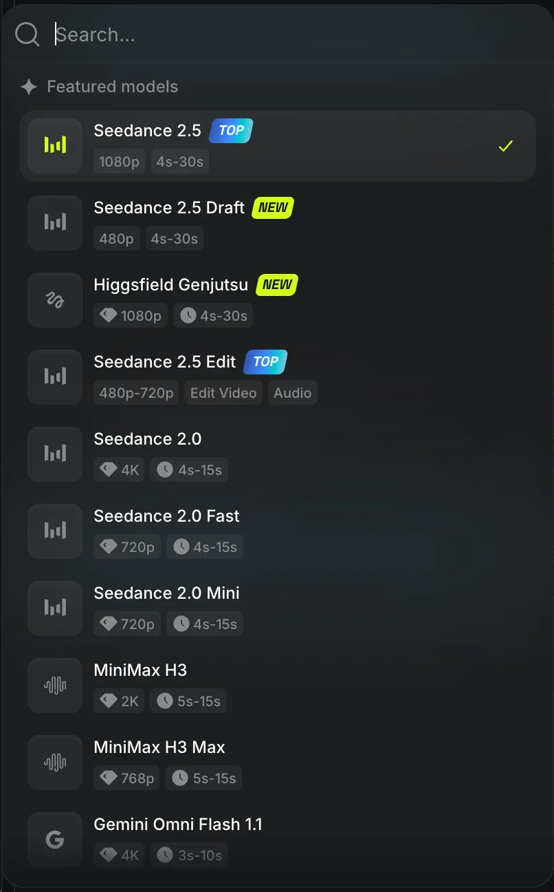 Sélecteur de modèles du générateur de vidéo IA de Higgsfield listant Seedance 2.5, Seedance 2.5 Draft, MiniMax H3 et Gemini Omni Flash 1.1 avec résolution et durée de clip