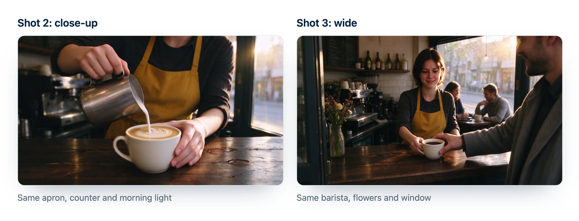Deux images de départ de vidéo IA avec le même barista en tablier moutarde, un gros plan de latte art et un plan large, faites avec la première image comme référence