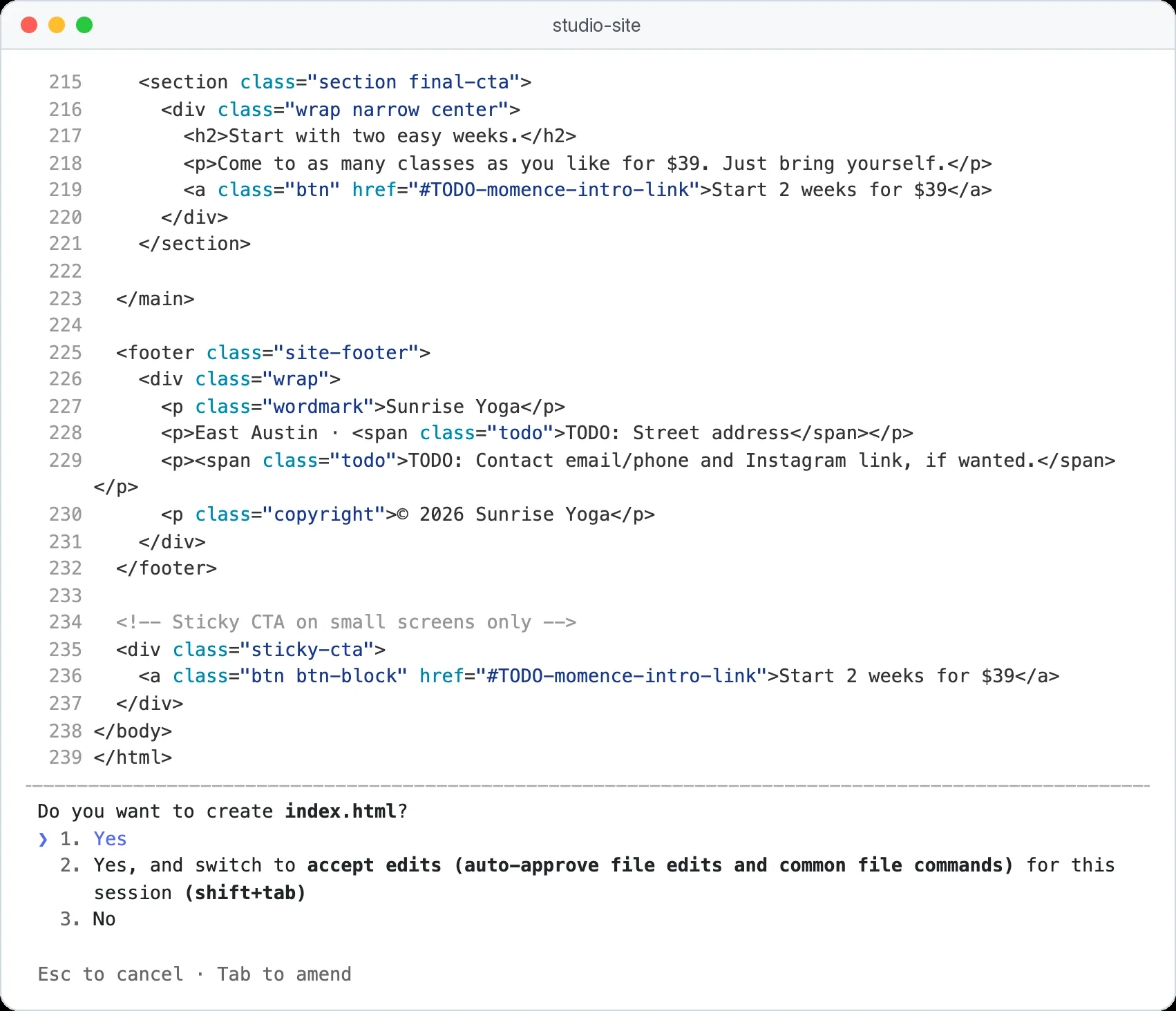 Claude Code demande Do you want to create index.html avec les options Yes, accept edits for this session, ou No