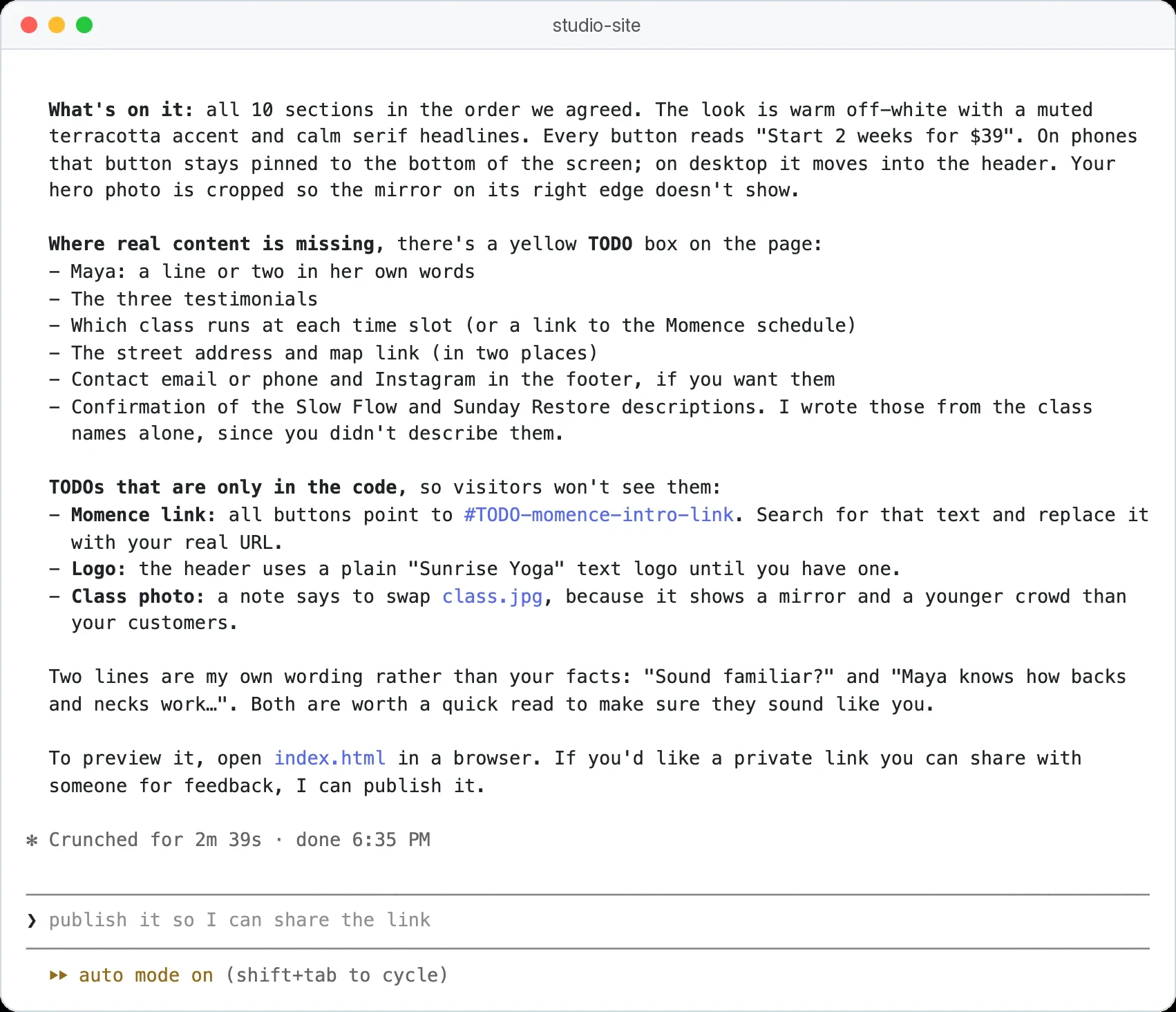 Claude Code liste les TODO qu'il a laissés dans le site vibe codé au lieu d'inventer des témoignages, une adresse et un planning