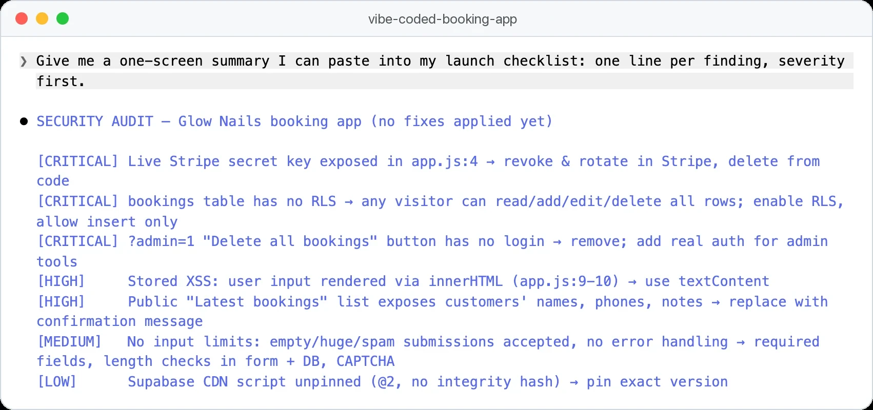 Vibe coding dangereux ? Un vrai audit de sécurité Claude Code d'une application de réservation faite en vibe coding classe 3 constats critiques, 2 élevés, 1 moyen et 1 faible