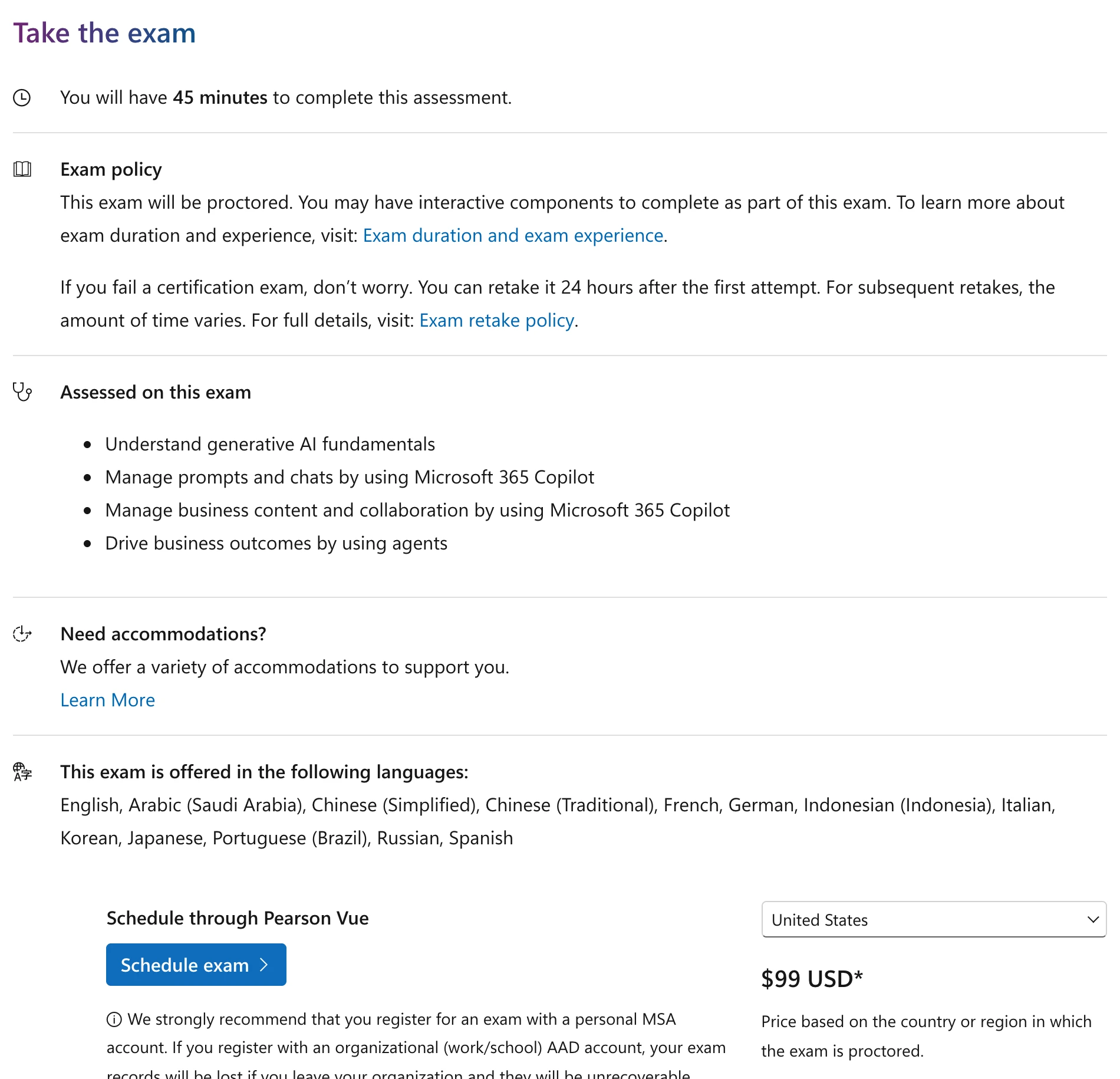 La sección Take the exam de la página AI Business Professional de Microsoft: 45 minutos, examen supervisado, nuevo intento 24 horas después de un primer suspenso, 13 idiomas y 99 USD con Estados Unidos seleccionado