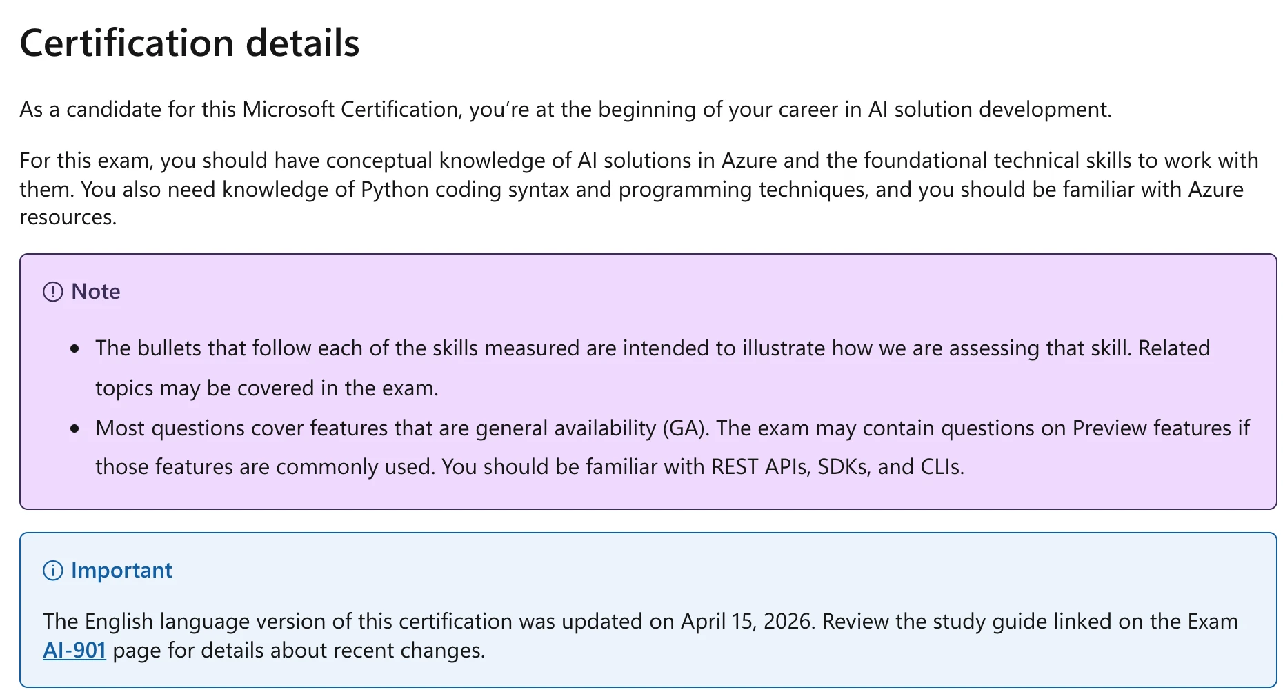 Detalles de la certificación Azure AI Fundamentals en Microsoft Learn: los candidatos necesitan conocer la sintaxis de programación de Python, con un aviso de que la versión en inglés se actualizó el 15 de abril de 2026 y un enlace al examen AI-901