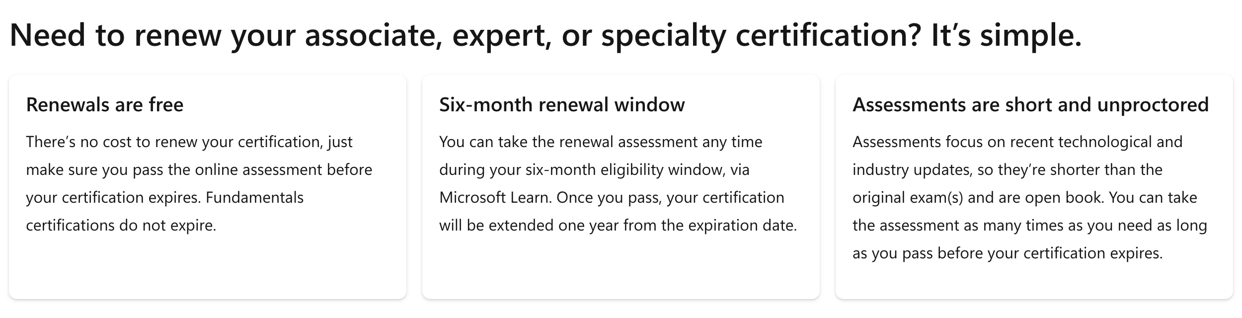 Página de renovación de certificaciones de Microsoft: renovar es gratis, las certificaciones fundamentals no caducan, una ventana de renovación de seis meses extiende la certificación un año desde su vencimiento y las evaluaciones son cortas, a libro abierto y sin supervisión