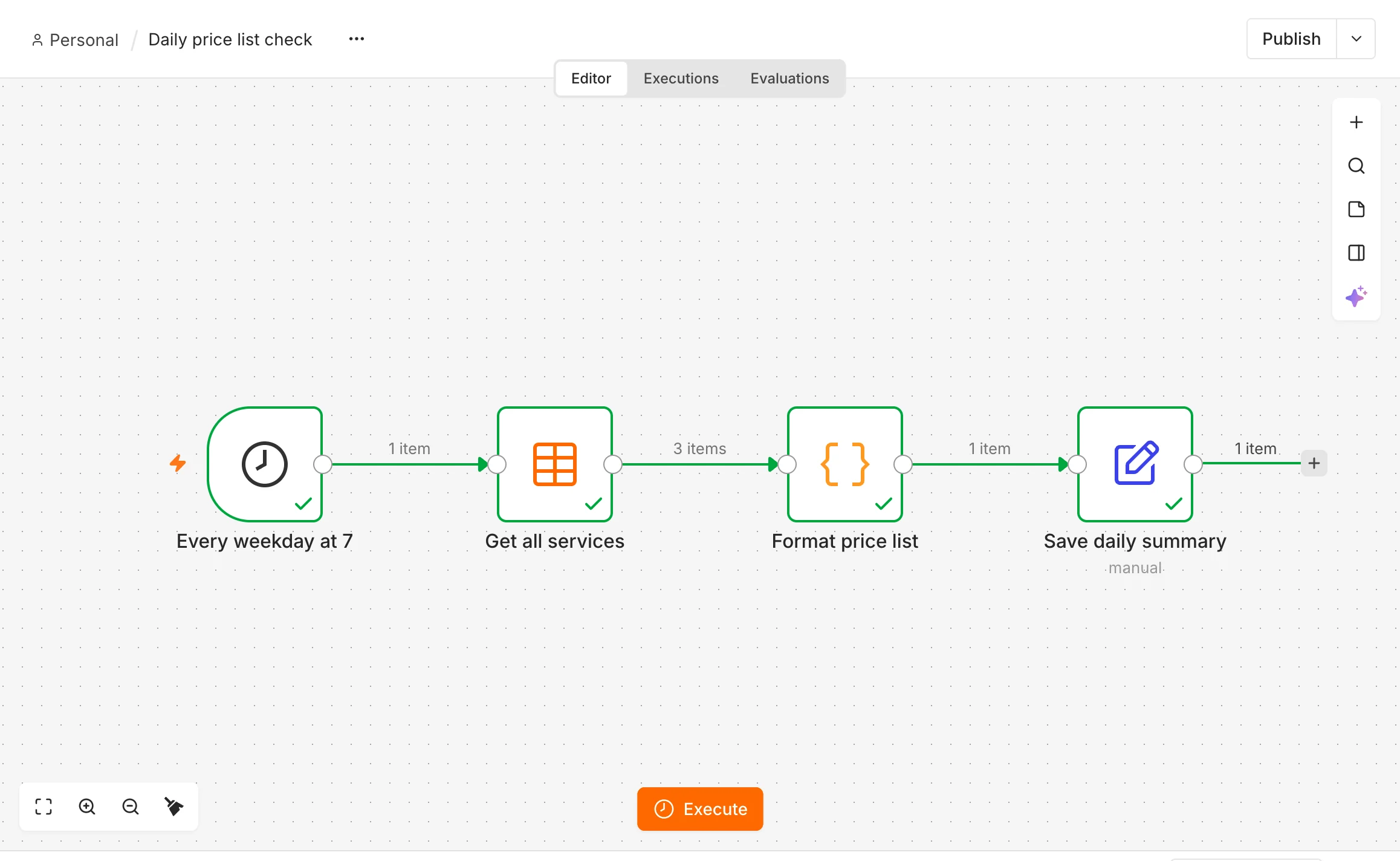 Décompte des exécutions n8n : une exécution réussie d'un workflow de 4 nœuds qui fait passer 3 éléments, comptée par n8n comme une seule exécution