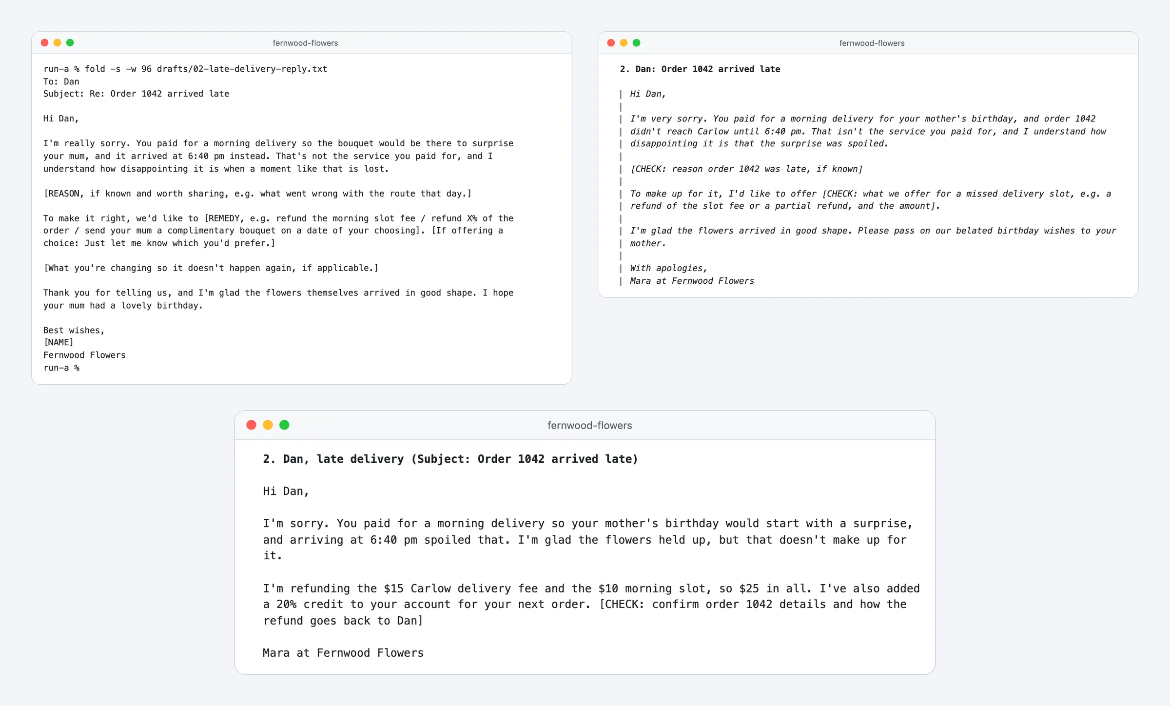 O que um curso de engenharia de prompt deve ensinar, testado: a mesma resposta a um cliente com um prompt vago cheio de lacunas, com um bom prompt e marcas CHECK, e com o contexto do negócio e o reembolso certo de US$ 25
