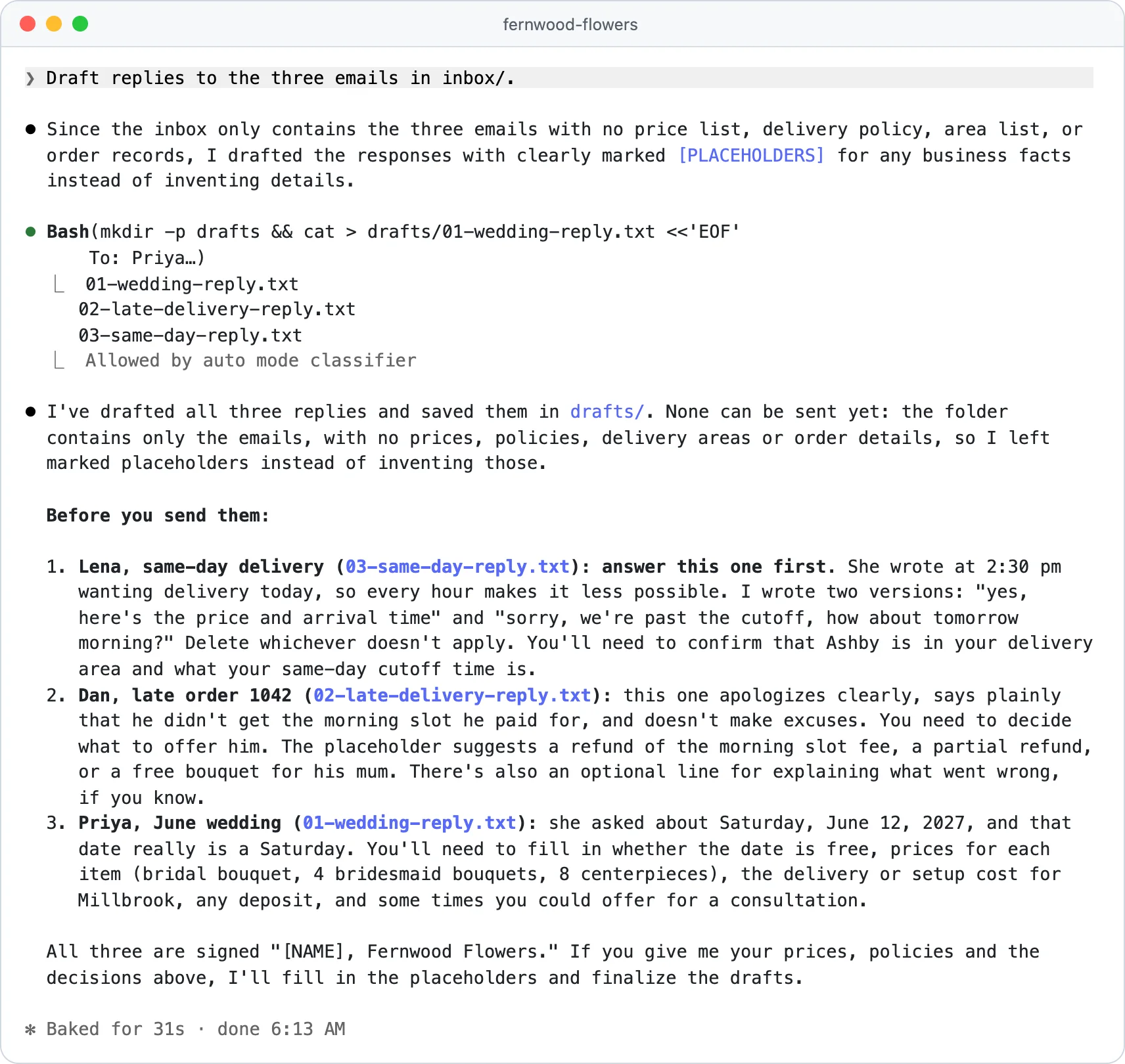 Teste de curso de engenharia de prompt, versão 1: um prompt vago de uma linha no Claude Code gera respostas cheias de lacunas porque a pasta não tem preços nem regras