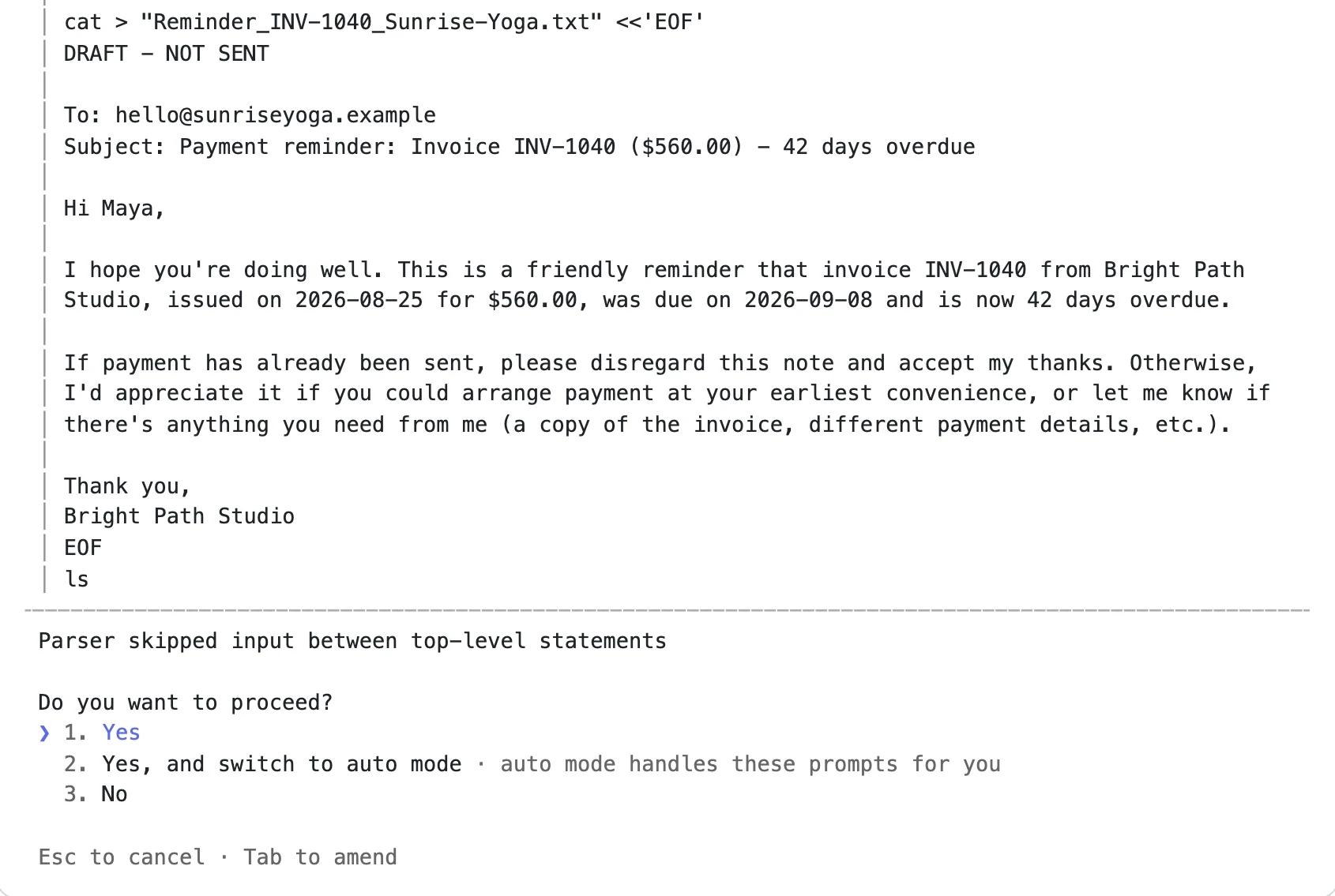 Comment fonctionnent les agents IA en pratique : Claude Code montre un e-mail de relance marqué DRAFT - NOT SENT et demande Do you want to proceed avant de l'écrire