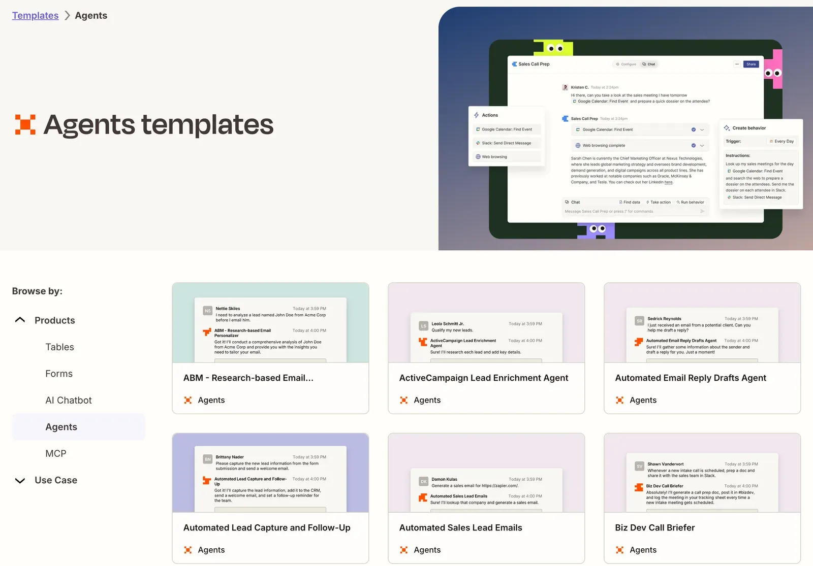 Galerie de modèles Zapier Agents avec des agents IA prêts à l'emploi pour enrichir des prospects, rédiger des réponses aux e-mails et capter des leads, au-dessus d'un aperçu du créateur avec instructions, actions et déclencheur quotidien