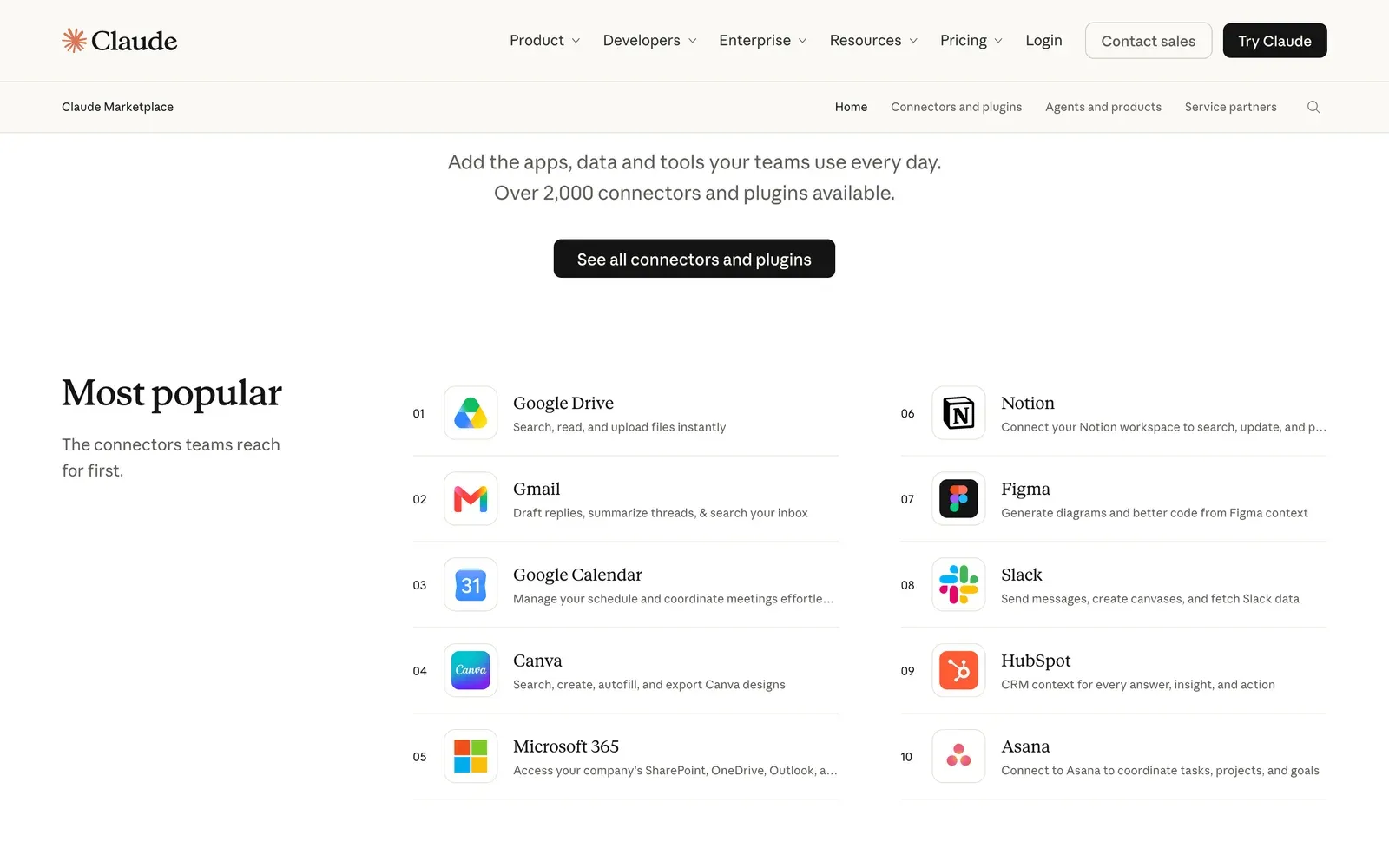 Directorio de conectores de Claude con más de 2,000 conectores y plugins y los más populares, de Google Drive y Gmail a Notion y HubSpot