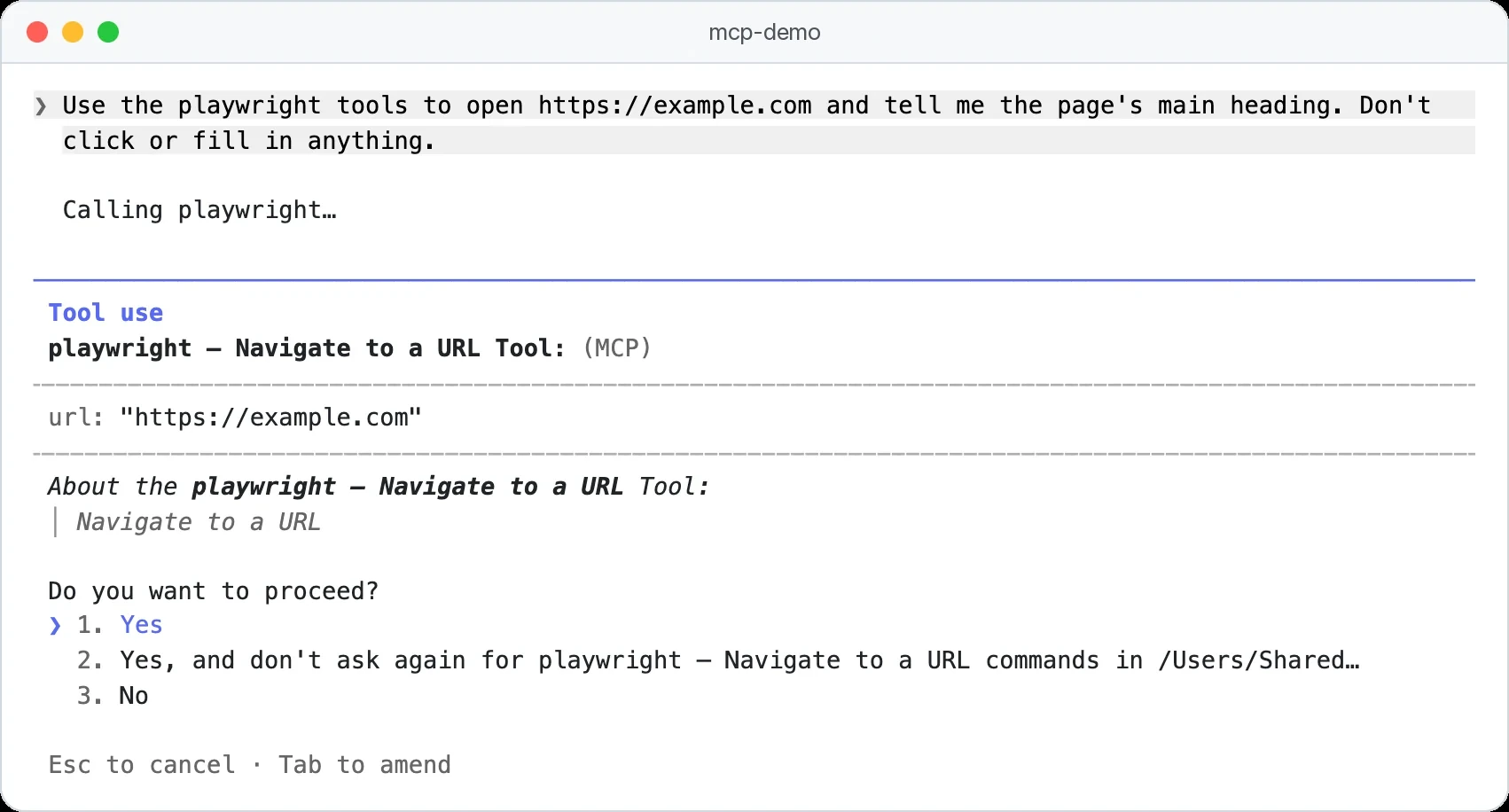 Claude Code pidiendo permiso antes de ejecutar la herramienta MCP de Playwright Navigate to a URL con url https://example.com