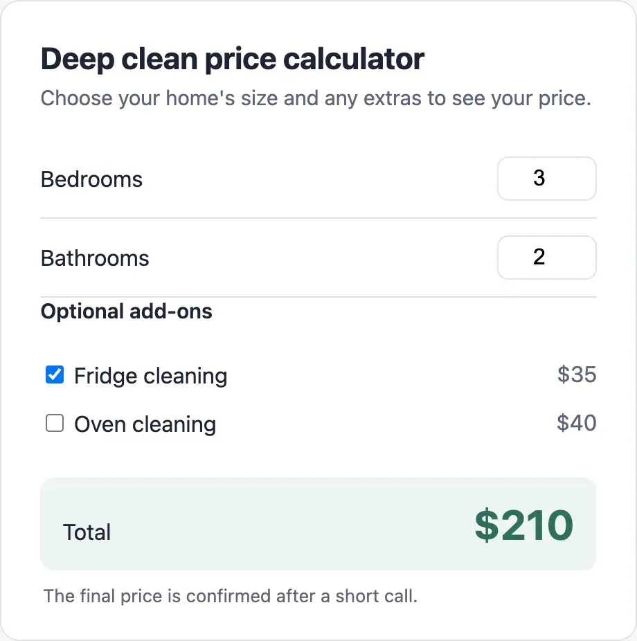 Le vibe coding en pratique : un calculateur de prix de grand ménage construit à partir d'un prompt en langage courant, avec chambres, salles de bain, options frigo et four et un total en direct de 210 $