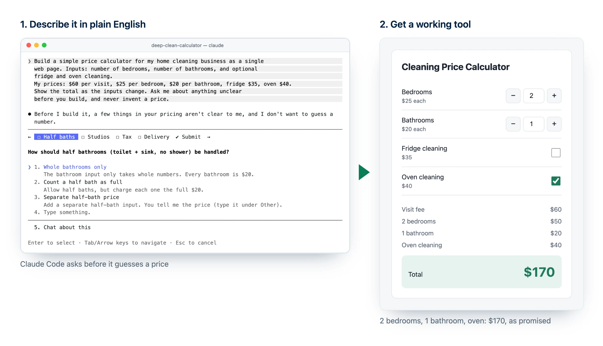 Le vibe coding en pratique : un seul prompt en langage courant dans Claude Code, ses questions de clarification et le calculateur de prix de ménage fonctionnel qu'il a construit