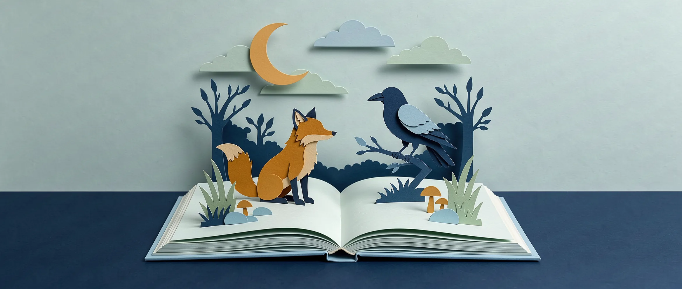 Ilustración de papel recortado para Claude Fable 5.1: un libro de cuentos del que surgen un zorro y un cuervo