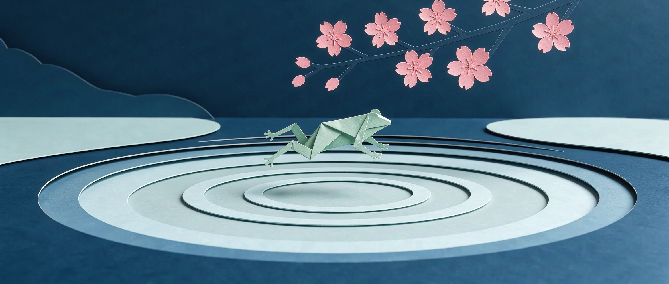 Ilustración de papel recortado para Claude Haiku 5.5: una rana saltando sobre un estanque en calma bajo una rama de cerezo en flor