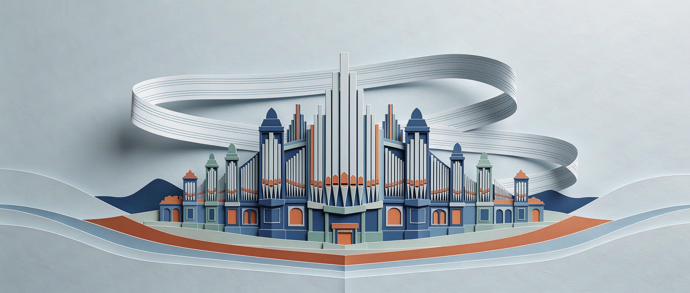 Ilustración de papel recortado para Claude Opus 5.5: un gran órgano de tubos con papel pautado en espiral sobre él