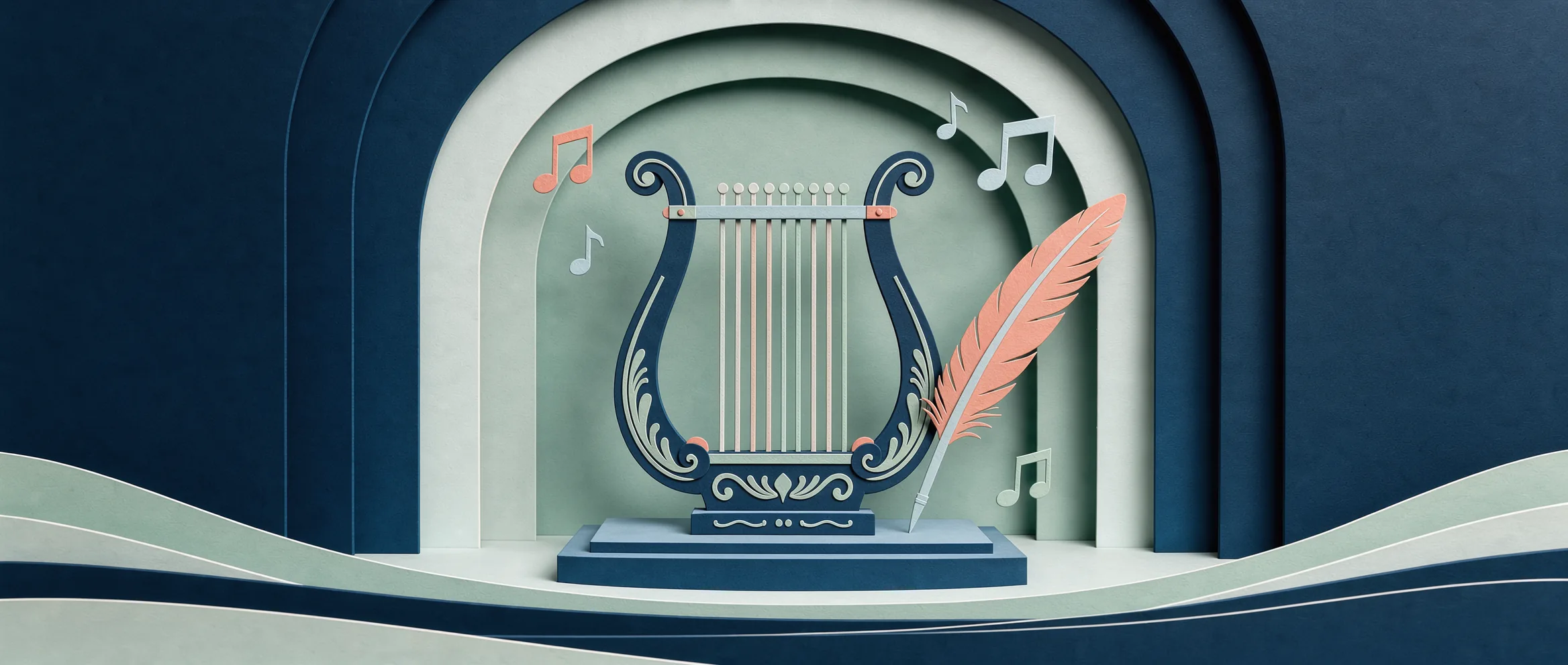 Illustration en papier découpé pour Claude Sonnet 5.5 : une lyre, une plume et des notes de musique en papier