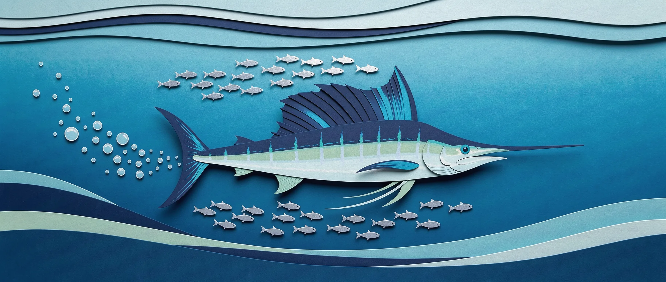 Ilustração de papel recortado para DeepSeek V4.1 Flash: um peixe-vela cortando um cardume de peixes prateados