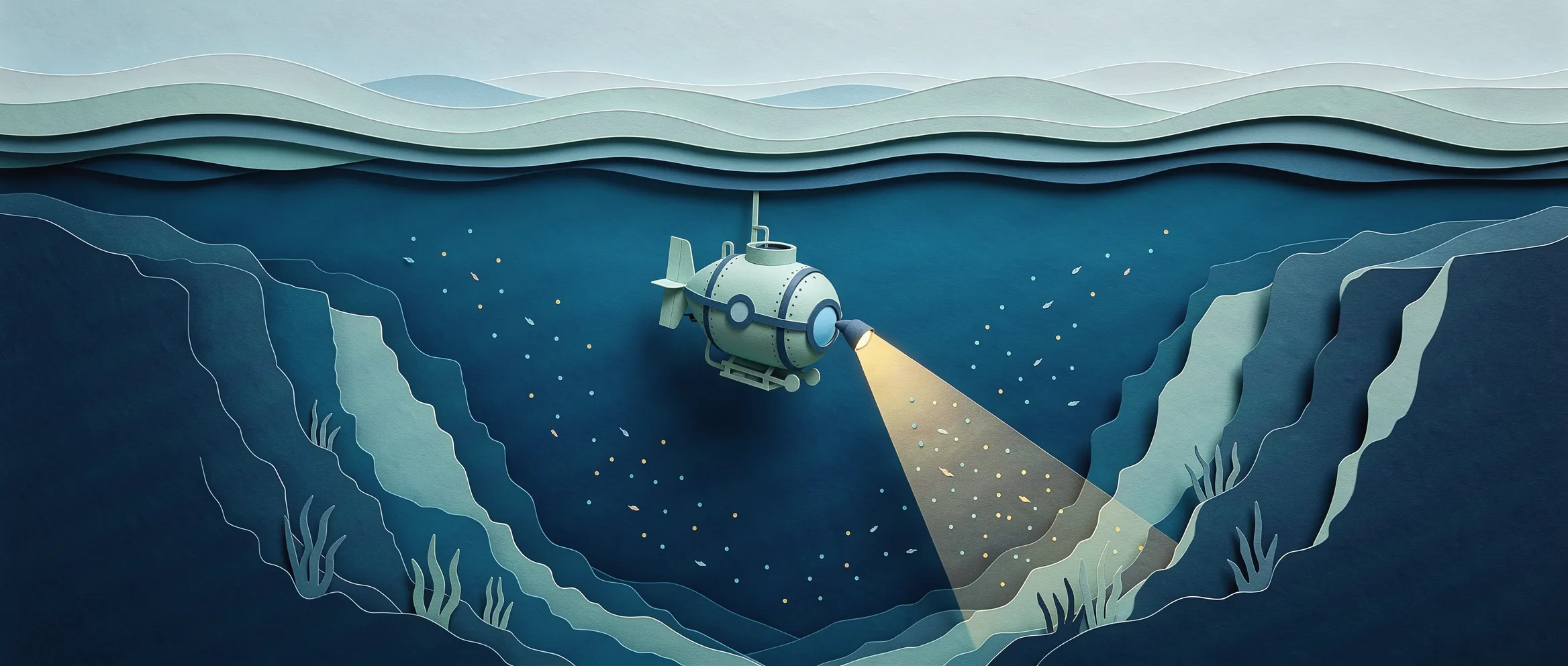 Ilustración de papel recortado para DeepSeek V4 Pro: un pequeño submarino con un foco descendiendo a una fosa oceánica