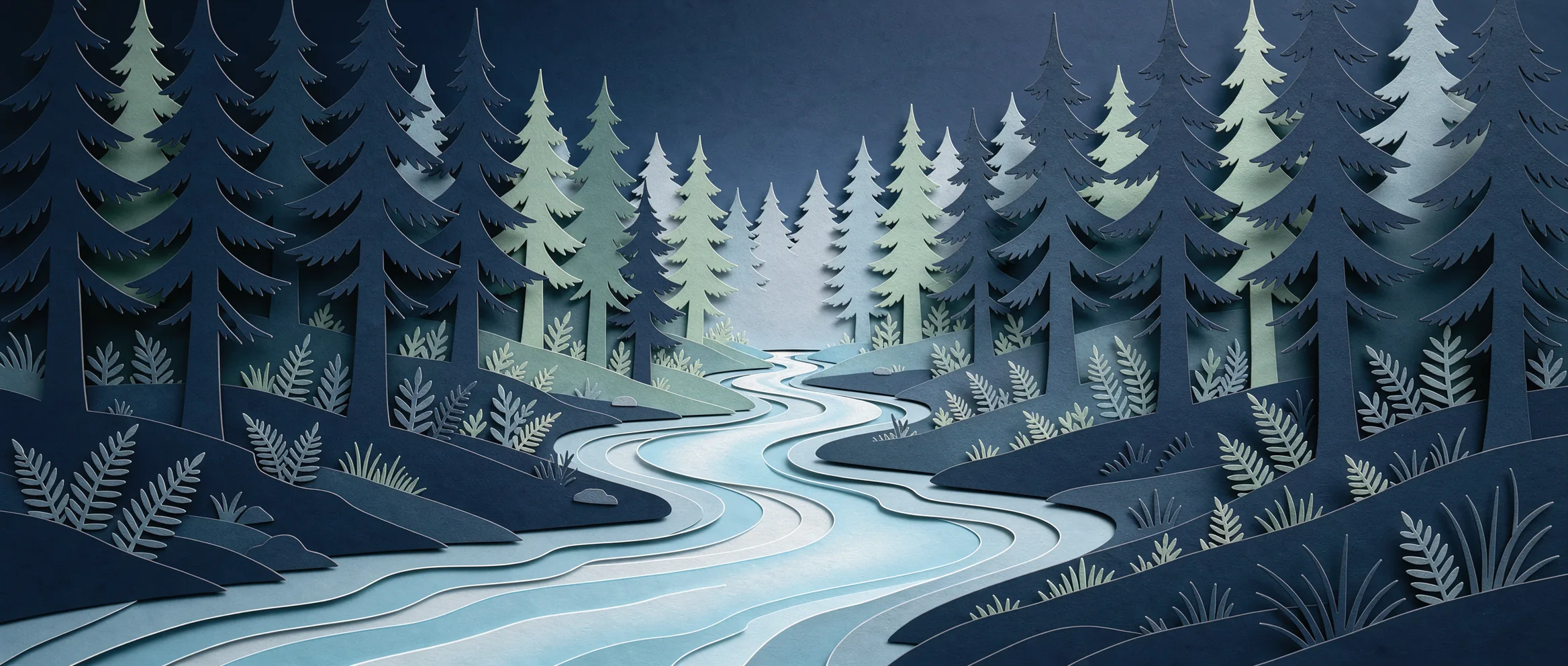 Ilustración de papel recortado para FLUX.2 [max]: un arroyo claro que serpentea por un bosque oscuro de pinos