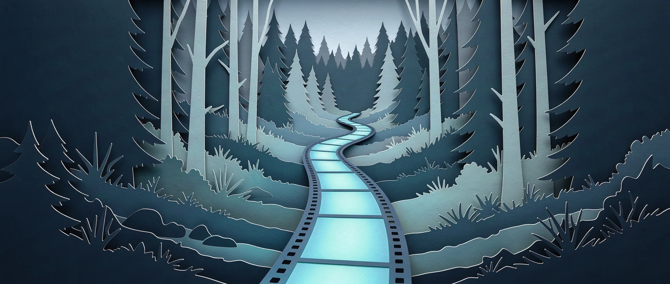 Ilustração de papel recortado para FLUX 3 Video: uma tira de filme serpenteando como um rio por uma floresta escura de pinheiros