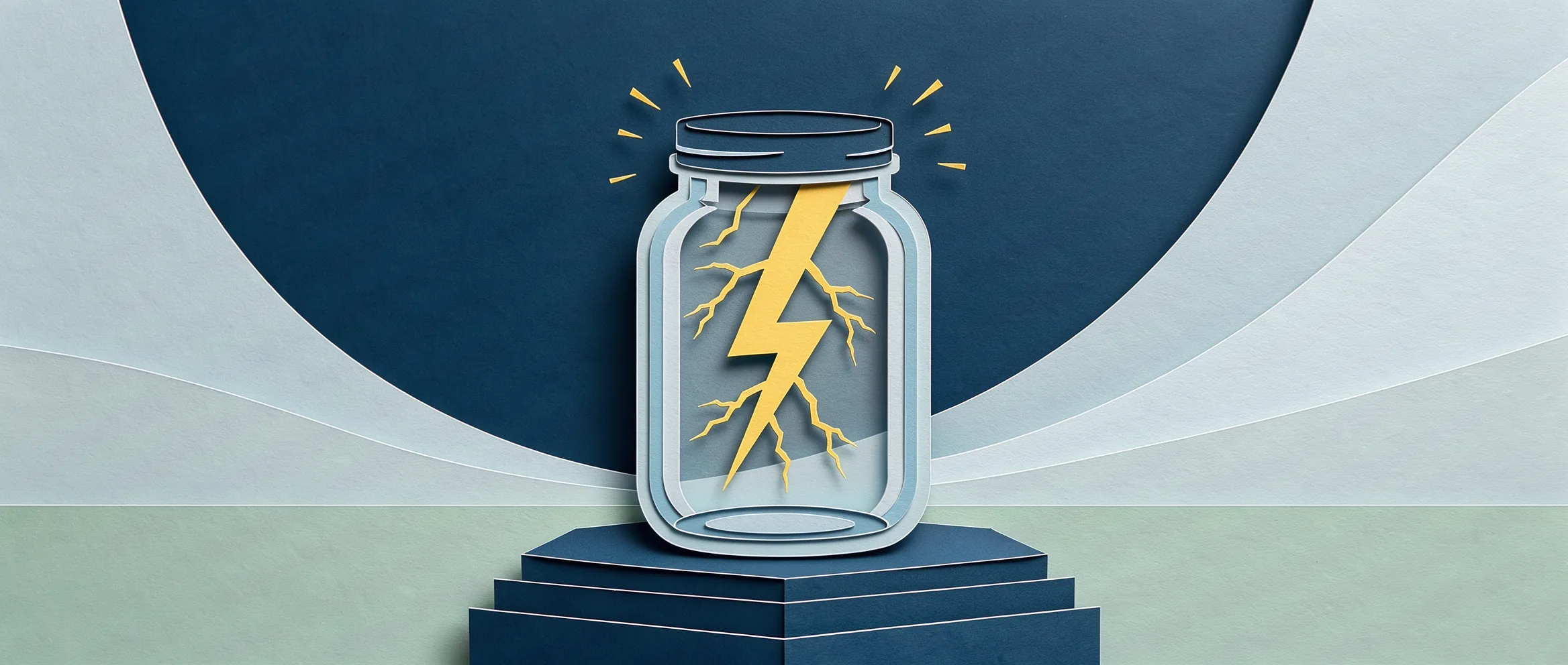 Ilustración de papel recortado para Gemini 3.8 Flash: un rayo atrapado en un frasco de vidrio