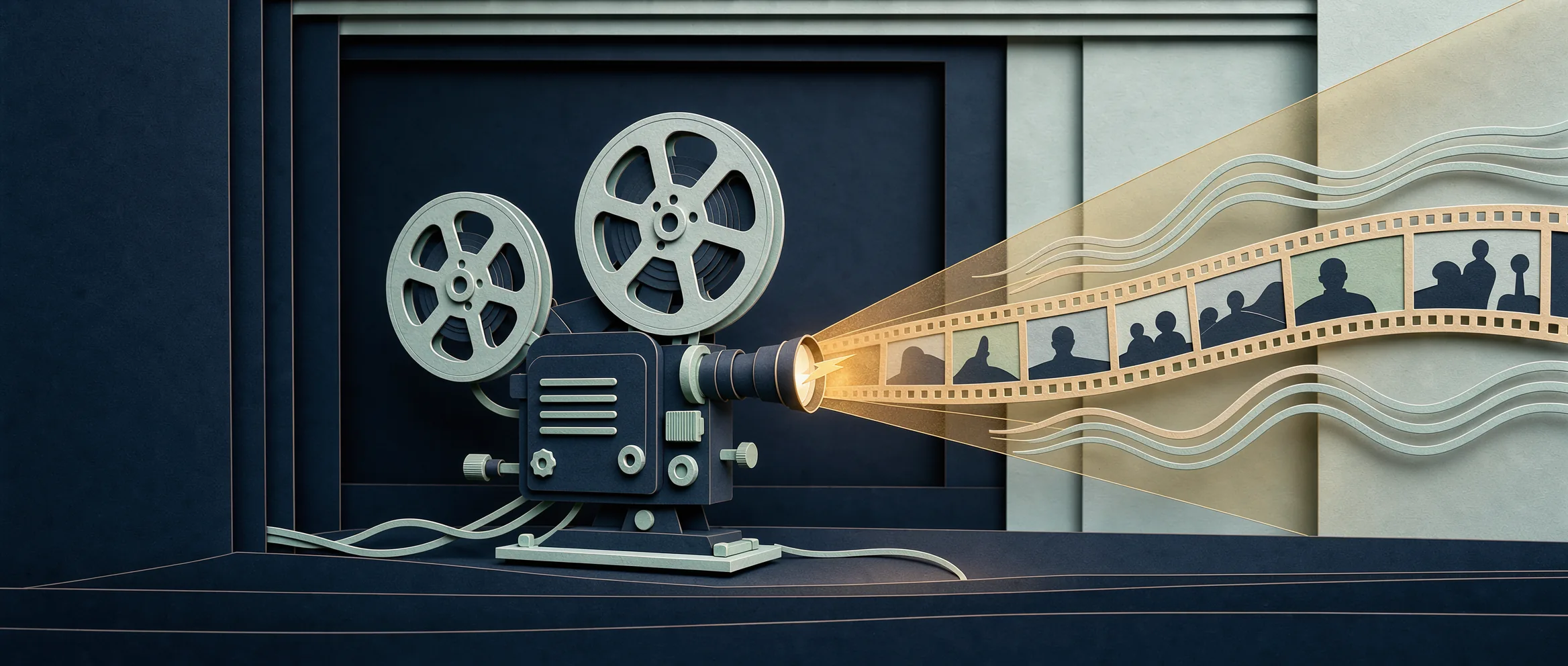 Ilustração de papel recortado para Gemini Omni Flash: um projetor de cinema que projeta quadros de filme e ondas sonoras