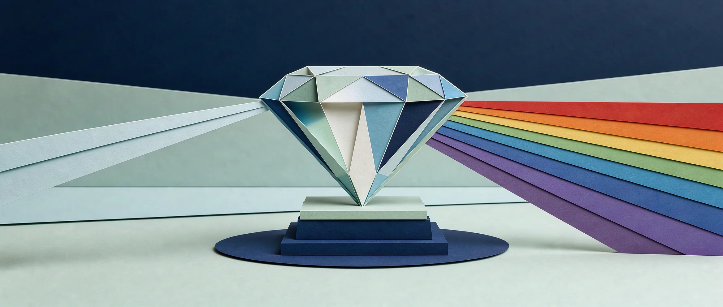 Ilustração de papel recortado para Gemma 4 31B: uma pedra preciosa lapidada que divide a luz em um espectro