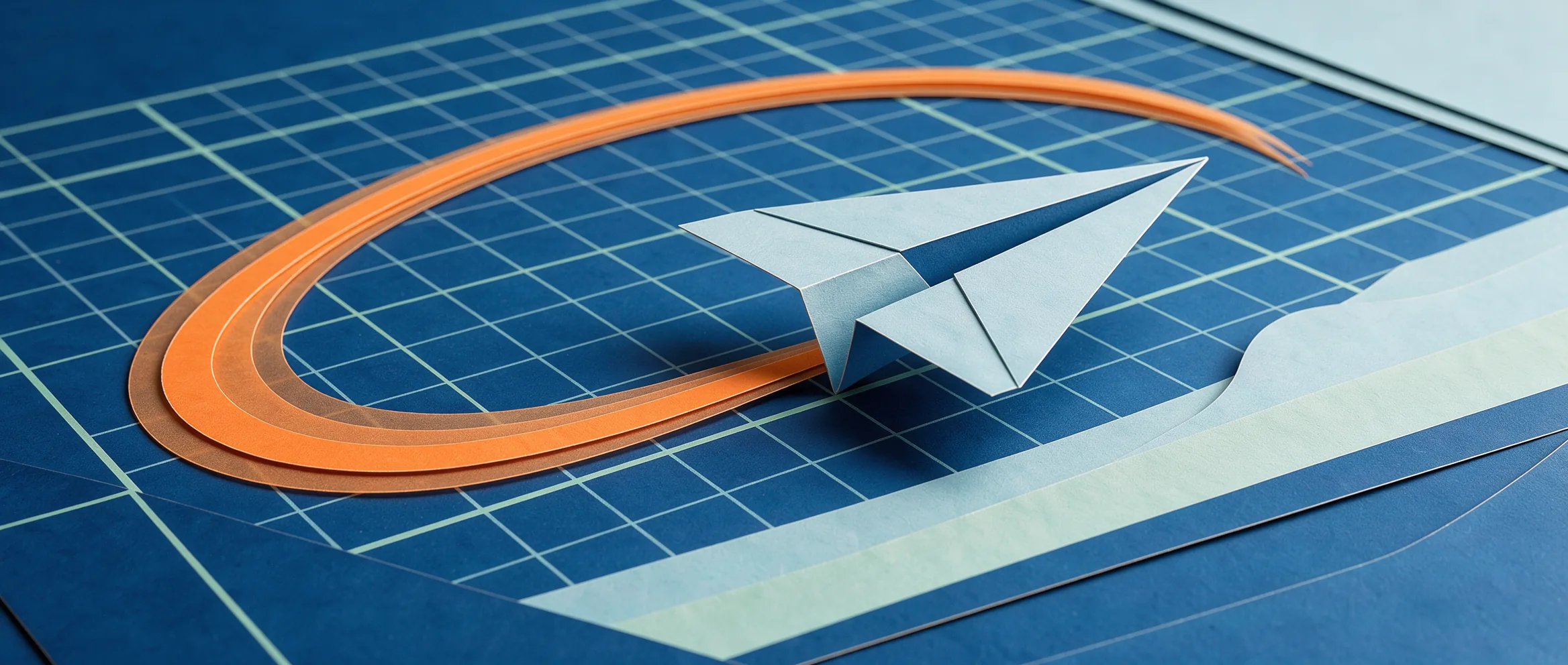Ilustración de papel recortado para GLM-5.3-Flash: un avión de papel cruzando a toda velocidad una cuadrícula de planos
