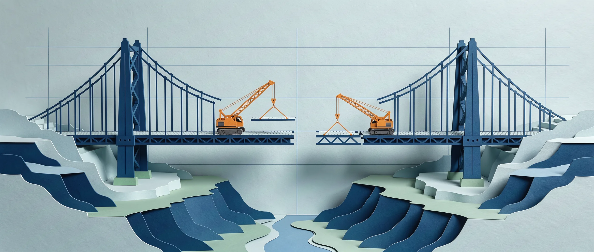 Ilustración de papel recortado para GLM-5.3: una maqueta de puente colgante que terminan unas grúas diminutas