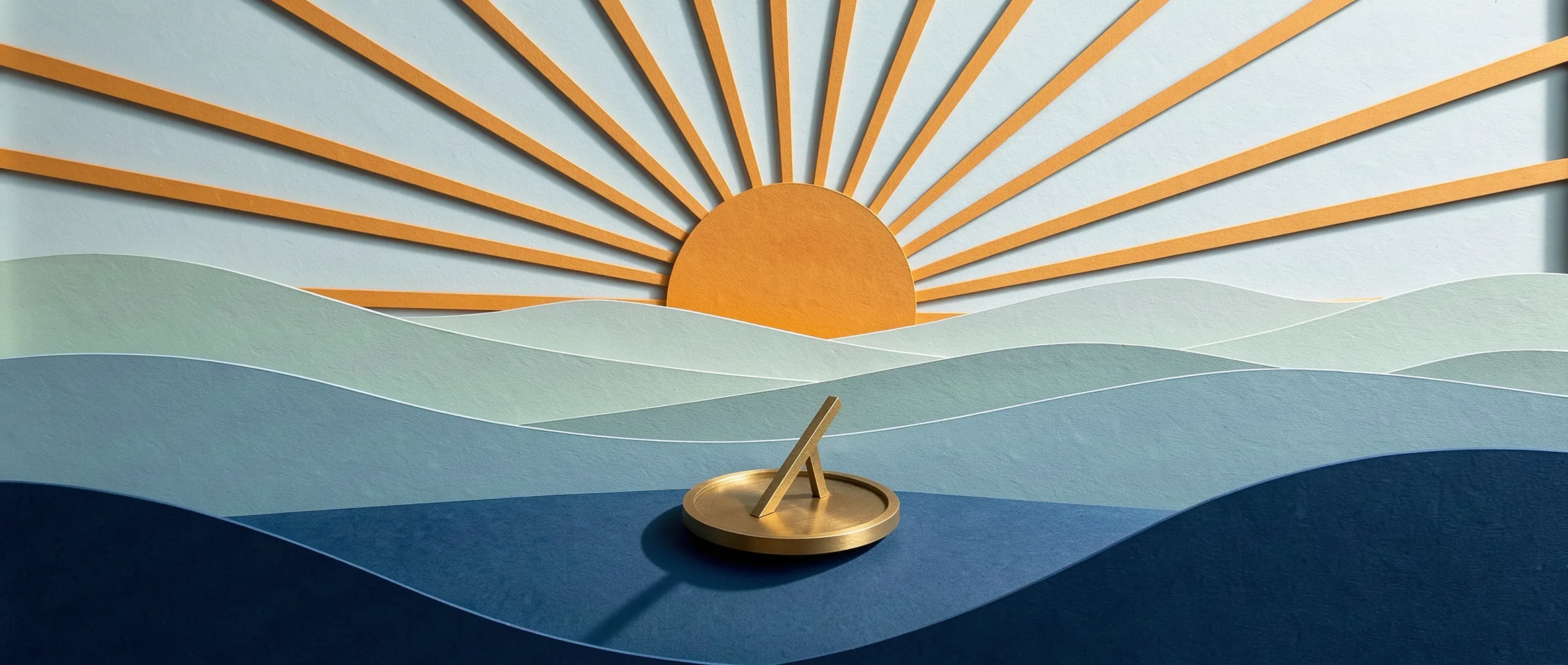 Ilustração de papel recortado para GPT-6.1 Sol: um sol nascente sobre colinas de papel com um relógio de sol de latão
