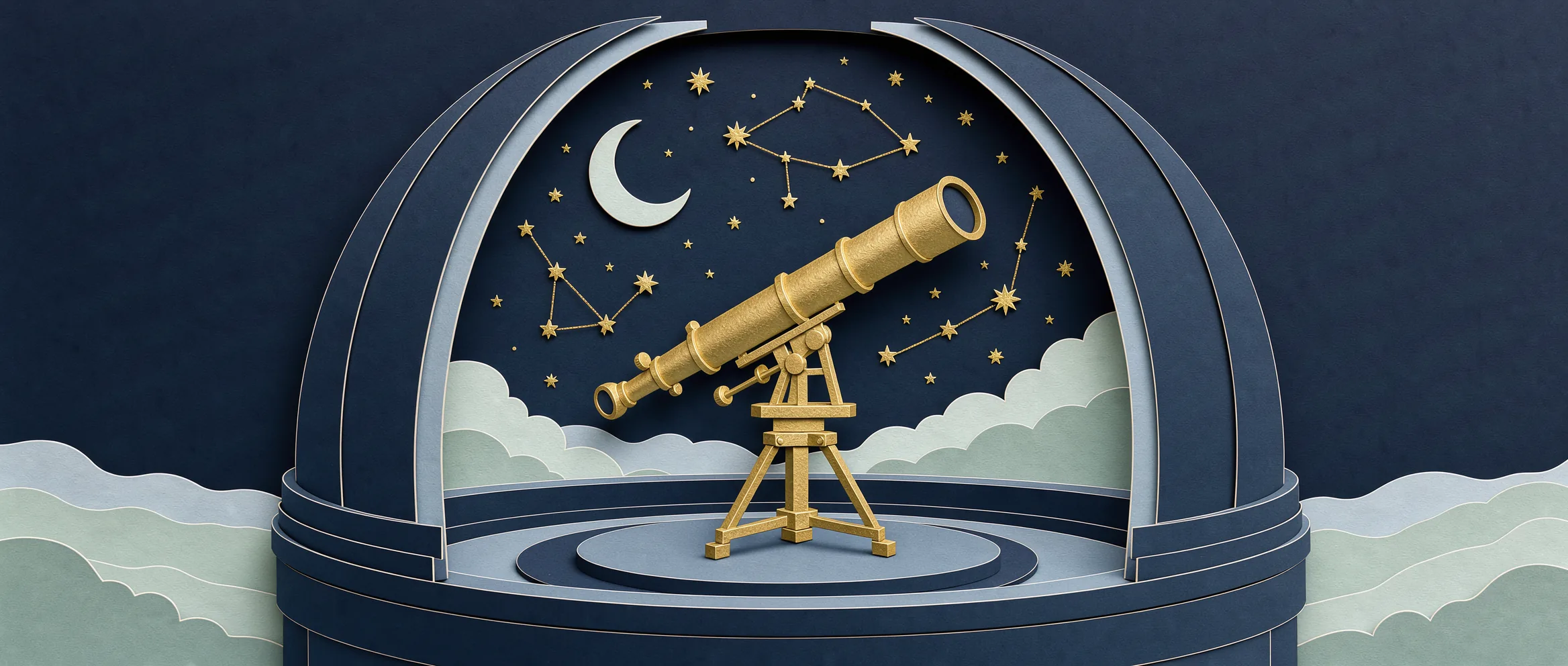 Illustration en papier découpé pour GPT-6 Astra : le télescope d'un observatoire sous des constellations de papier