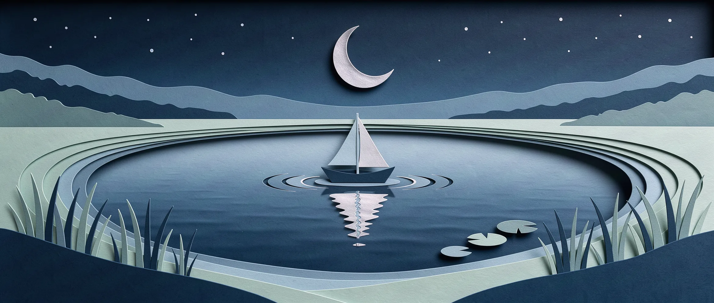 Illustration en papier découpé pour GPT-6 Luna : un croissant de lune au-dessus d'un lac calme, avec un voilier de papier