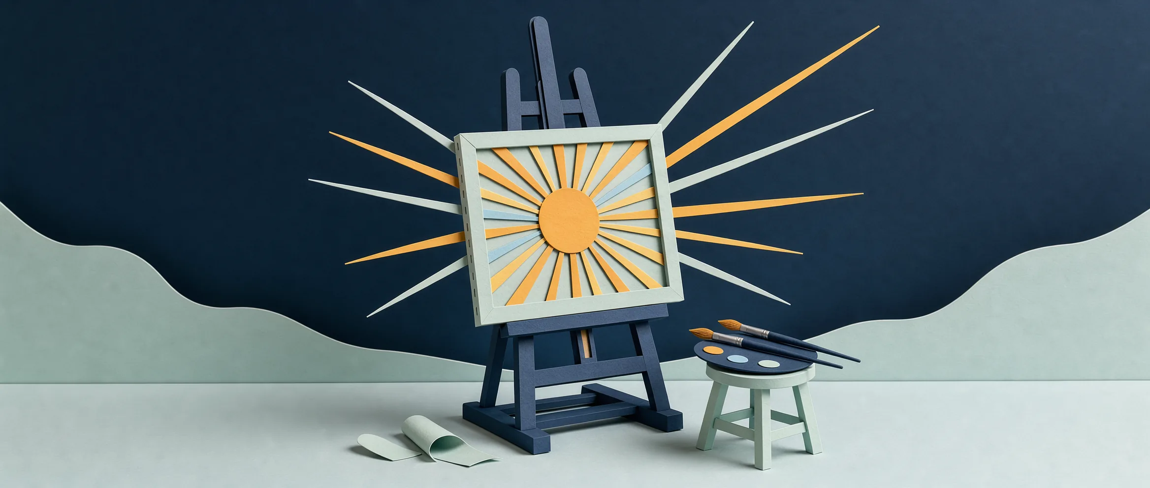 Ilustración de papel recortado para GPT-Image-2.5 Sunburst: una pintura de un sol radiante que desborda su lienzo sobre un caballete
