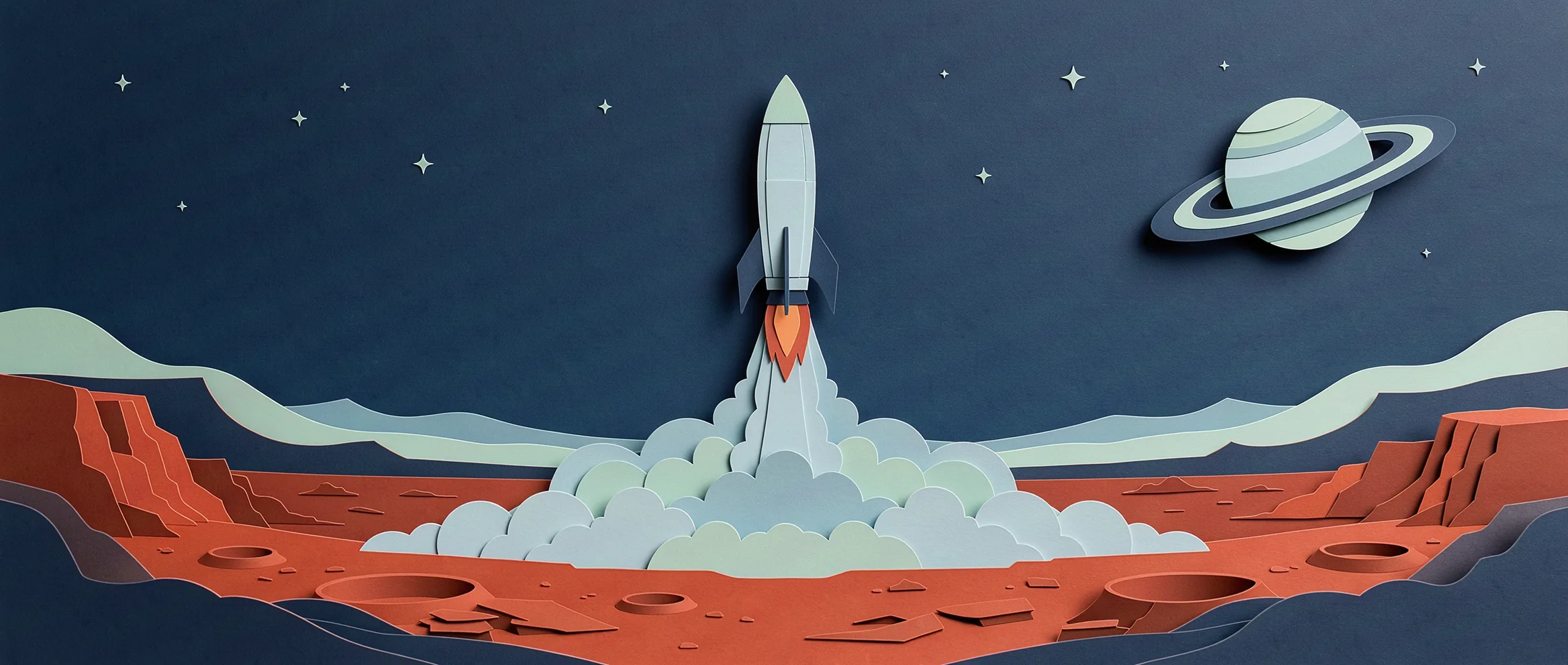 Ilustração de papel recortado para Grok 4.7: um foguete decolando de um planeta vermelho