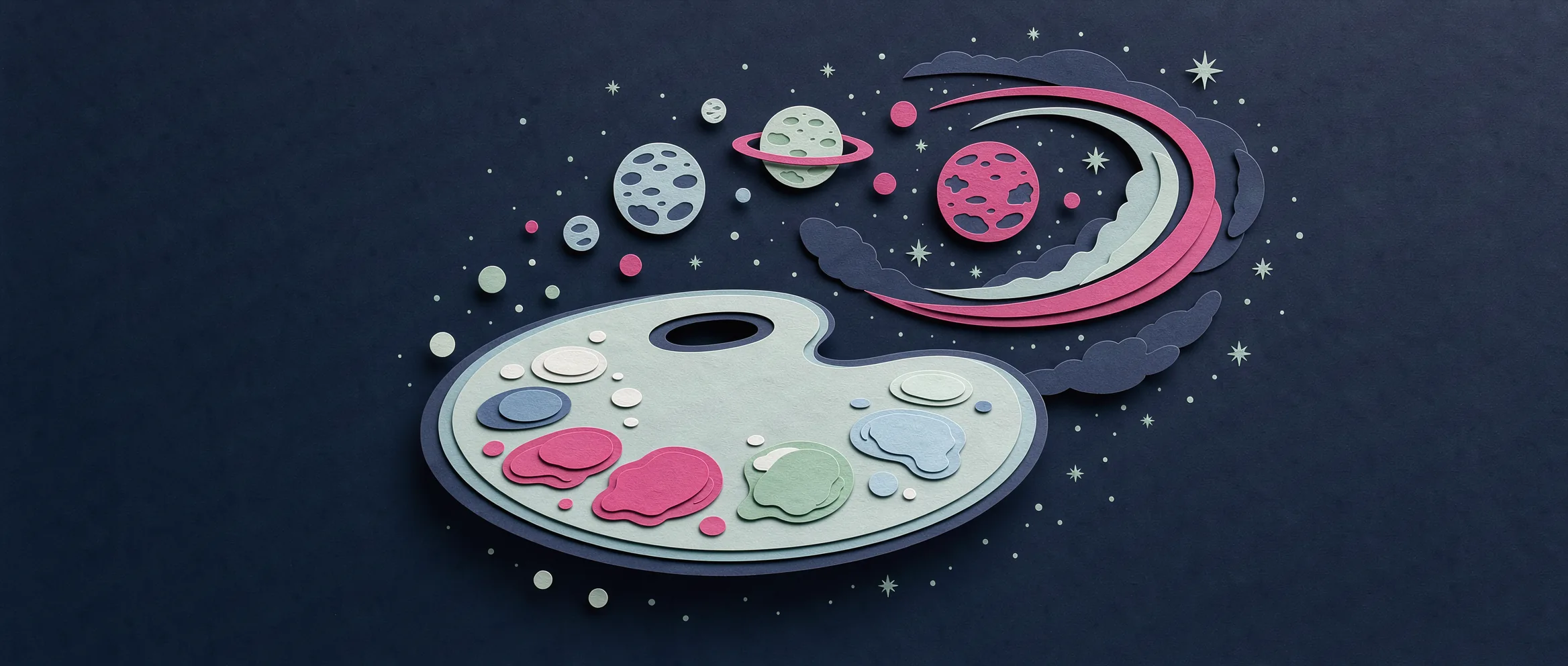 Ilustração de papel recortado para Grok Imagine Image 2.0: uma paleta de pintor no espaço cuja tinta forma planetas
