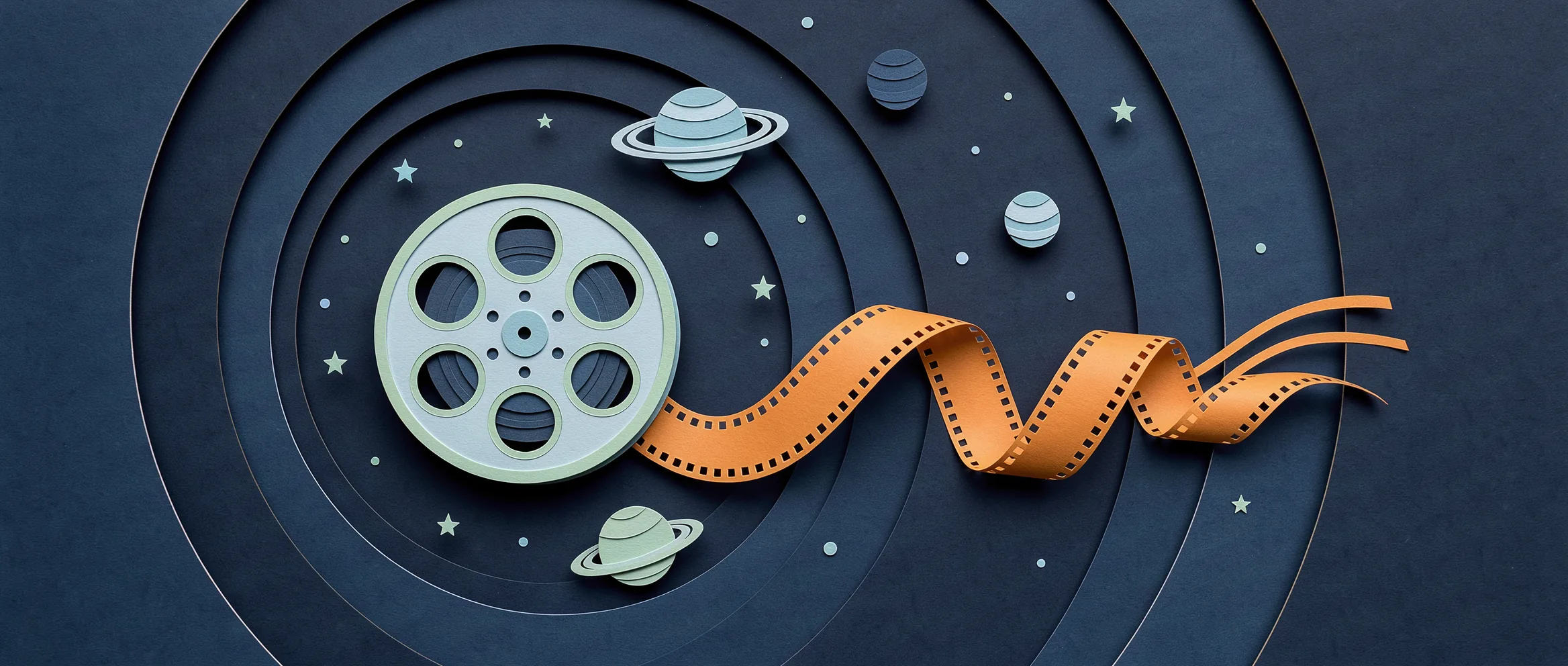 Ilustración de papel recortado para Grok Imagine Video 1.5: un carrete de película en el espacio que se desenrolla como la cola de un cometa