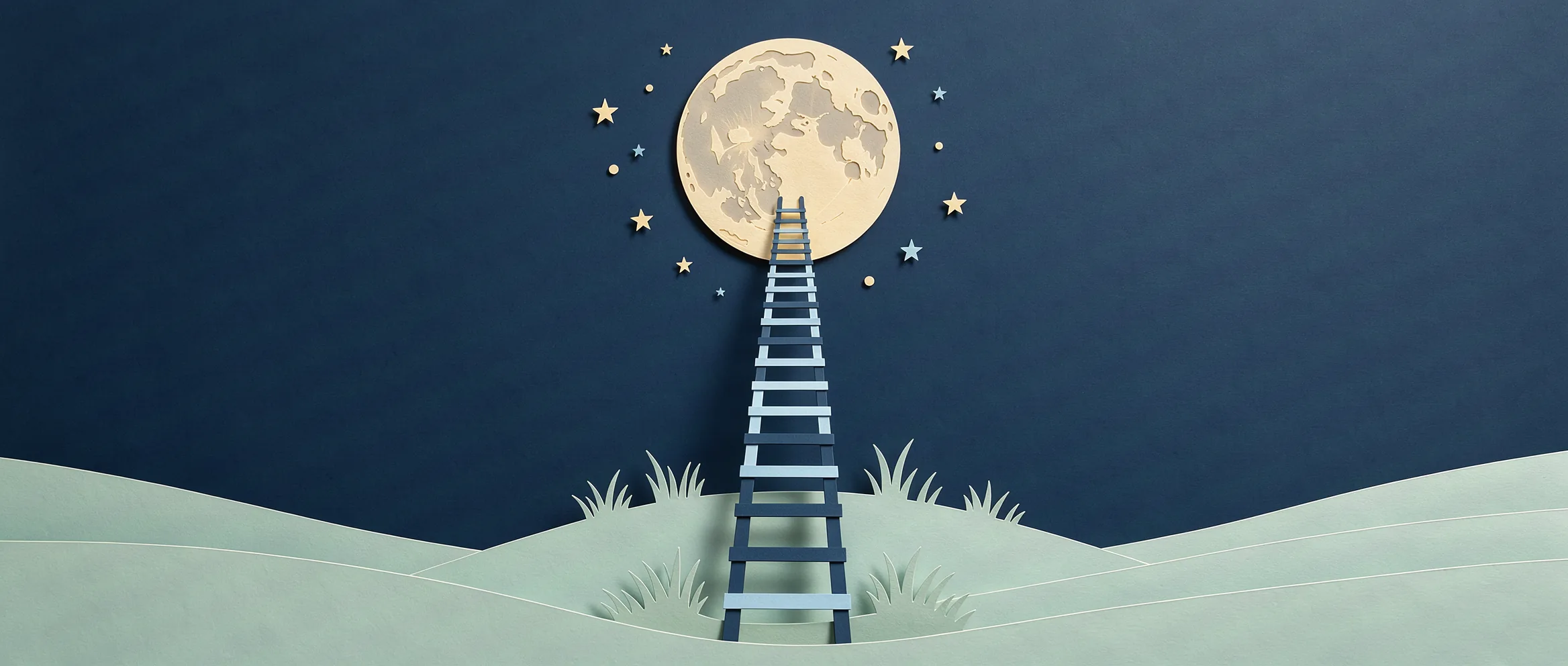 Ilustración de papel recortado para Kimi K3: una escalera que sube desde una colina hasta la luna llena