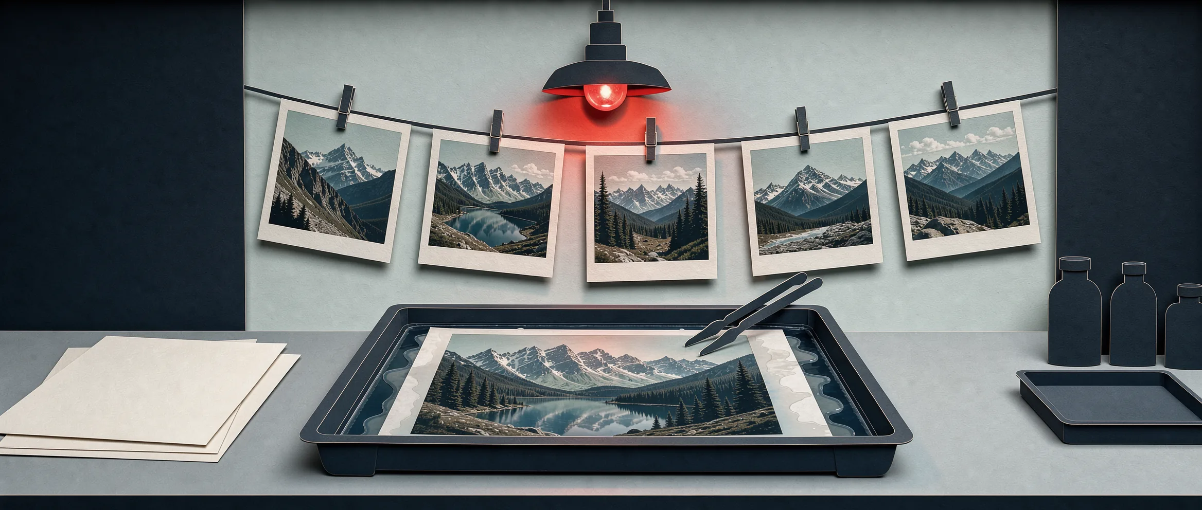 Ilustración de papel recortado para MAI-Image-2.6: una fotografía revelándose en una cubeta de cuarto oscuro bajo luz roja