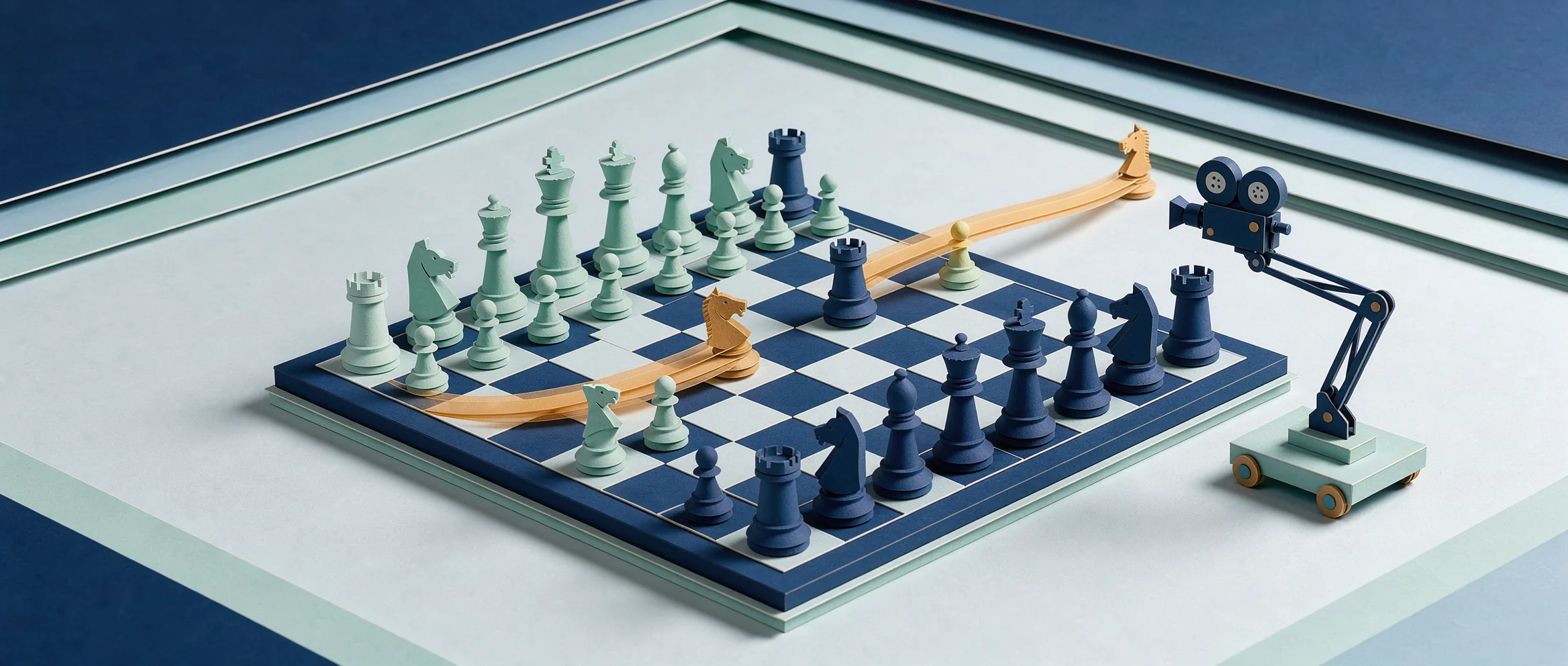 Illustration en papier découpé pour MiniMax H3 : des pièces d'échecs qui laissent des traînées de mouvement, filmées par une minuscule grue de caméra
