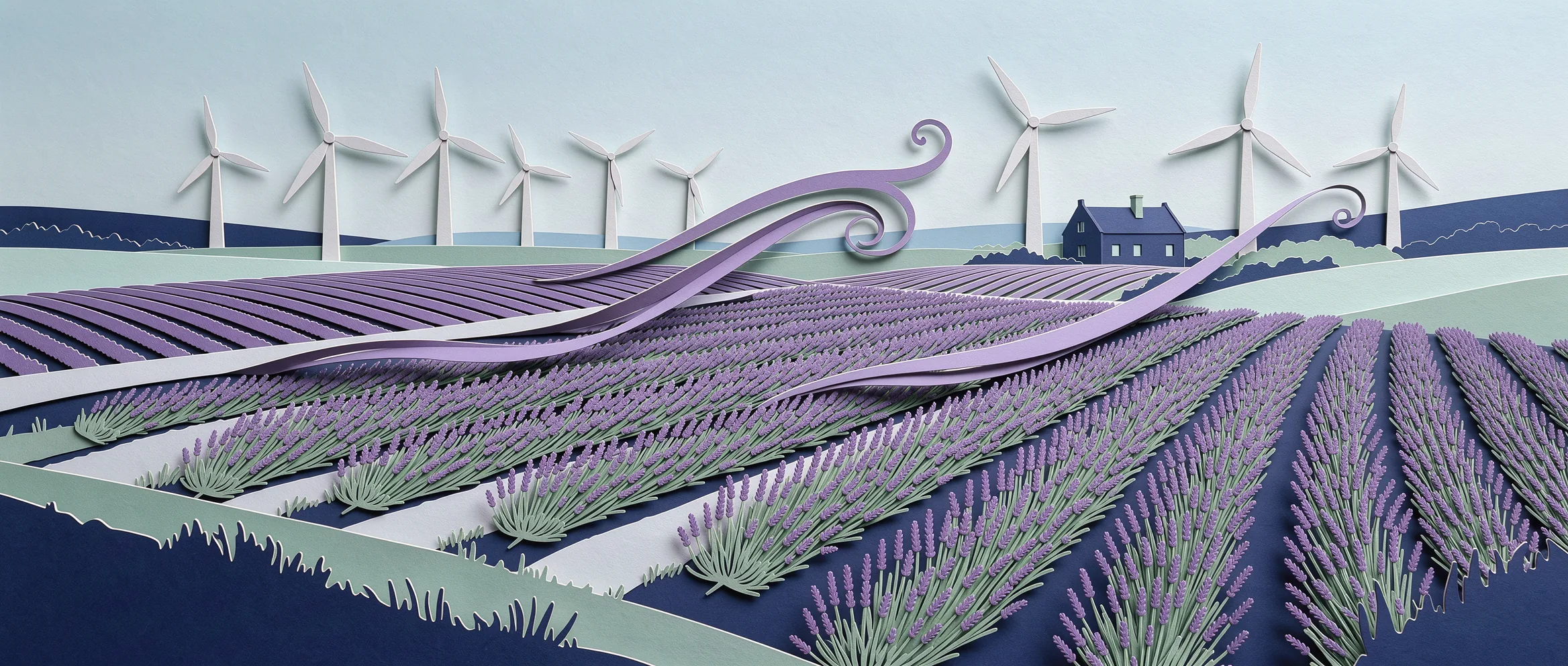 Ilustración de papel recortado para Mistral Large 4: el viento barriendo campos de lavanda y aerogeneradores