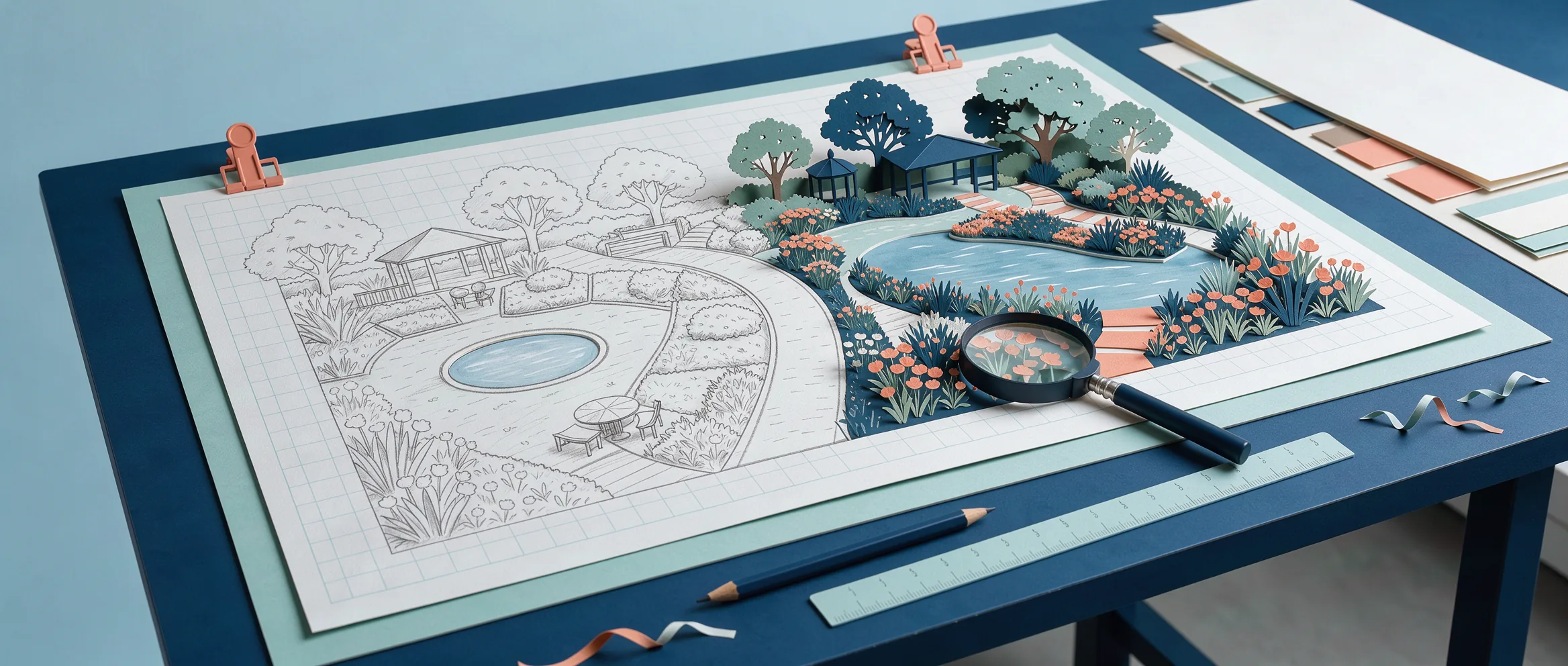 Ilustração de papel recortado para Muse Image: um esboço a lápis numa prancheta que se transforma em pintura